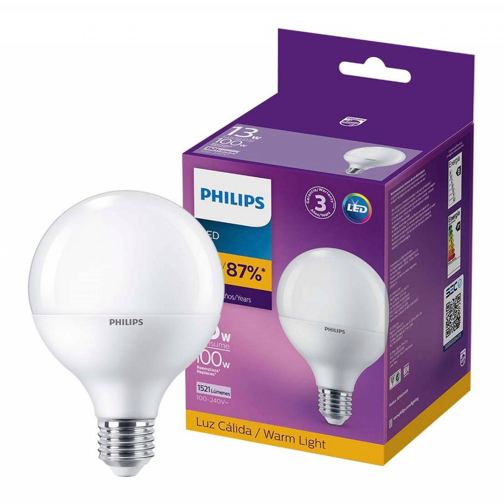 Foco Led Globo Philips 15 W 1521 Lúmenes Luz Cálida Blanco 