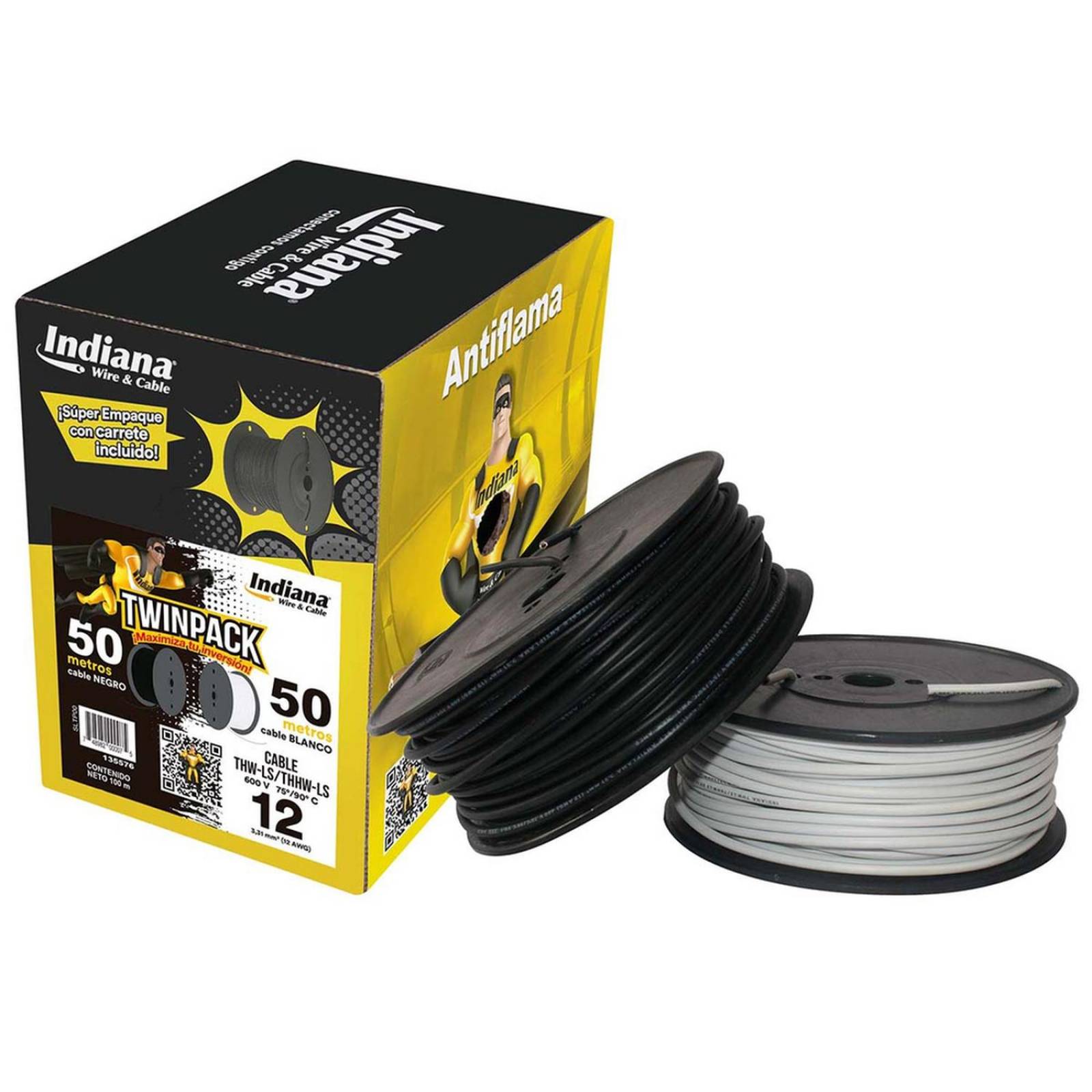 Twinpack cable indiana thw ls thhw ls calibre 12 negro y blanco 50 y 50 m