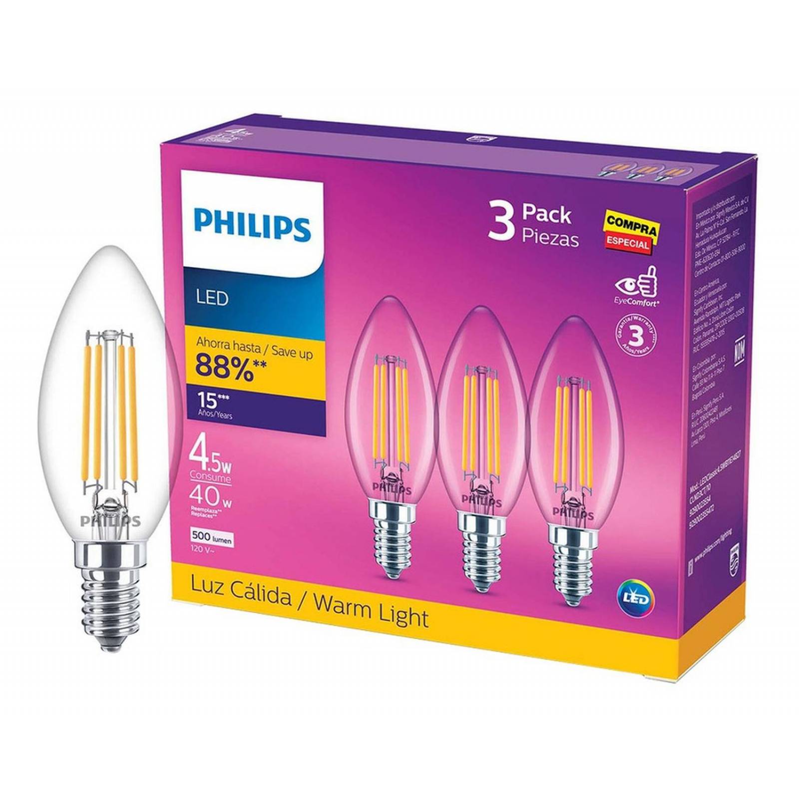 3 Focos Led Filamento Philips 4 W 500 Lm Luz Blanca Cálida 