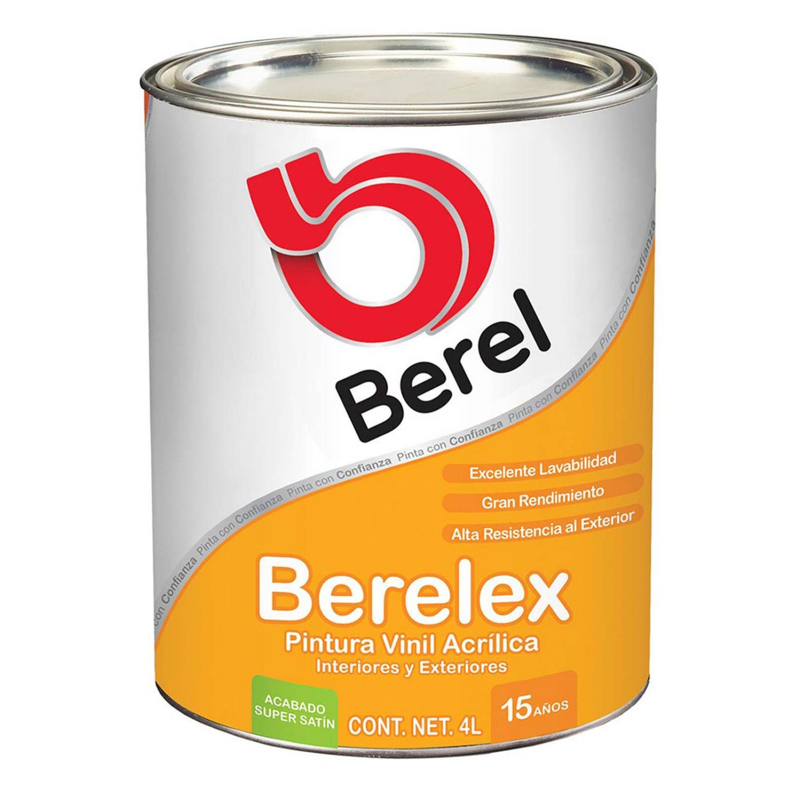 Pintura vinil acrílica para interior y exterior berel berelex satín 4 litros 