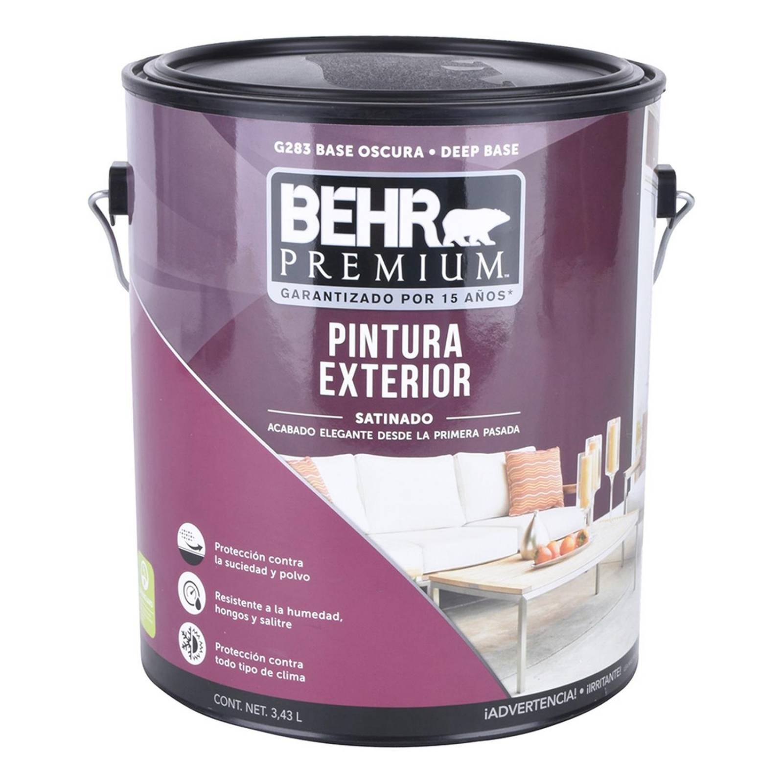 Pintura base oscura exterior behr premium satinado 3.43 litros 