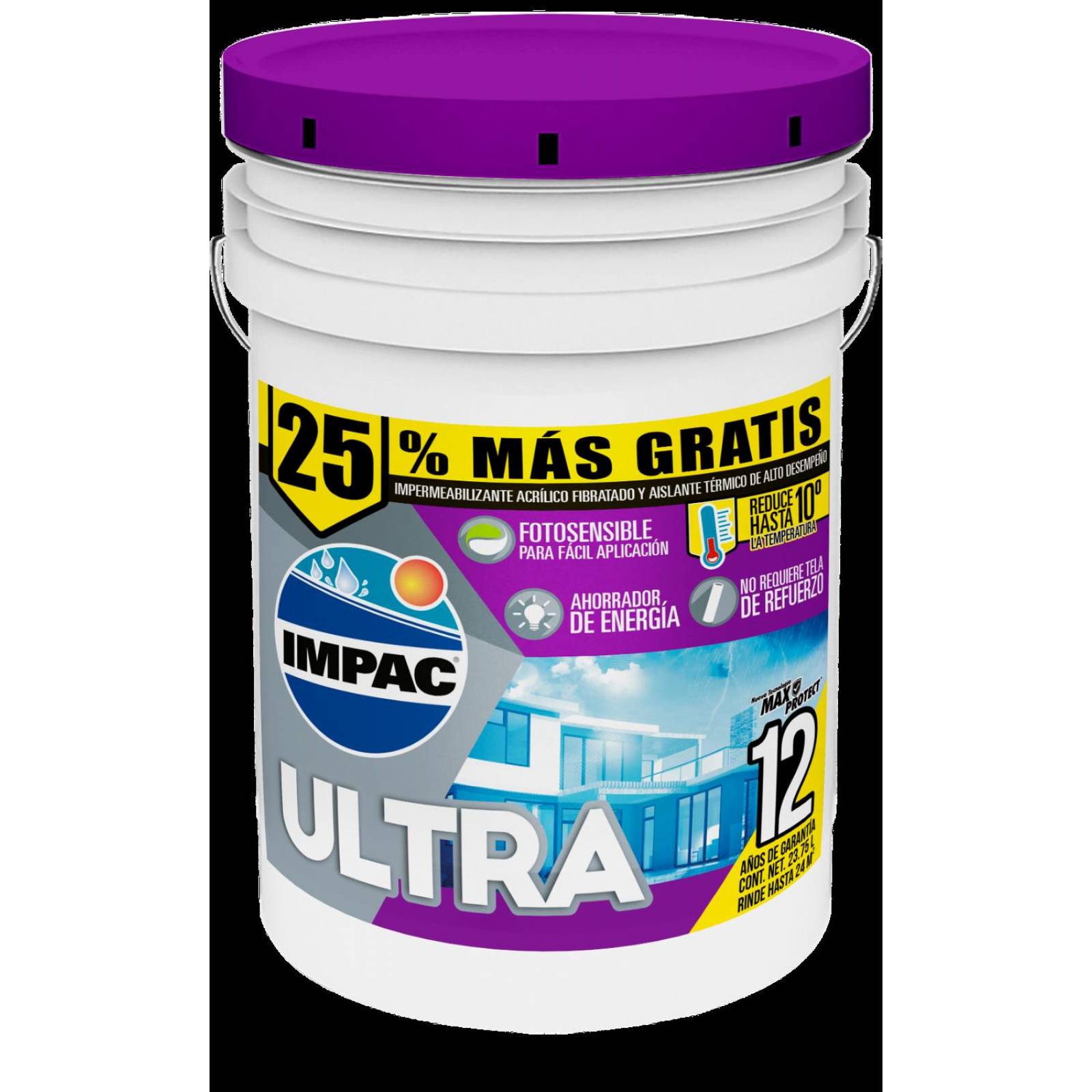 Impermeabilizante acrílico fotosensible fibratado blanco 12 años impac ultra 12 23.7l 