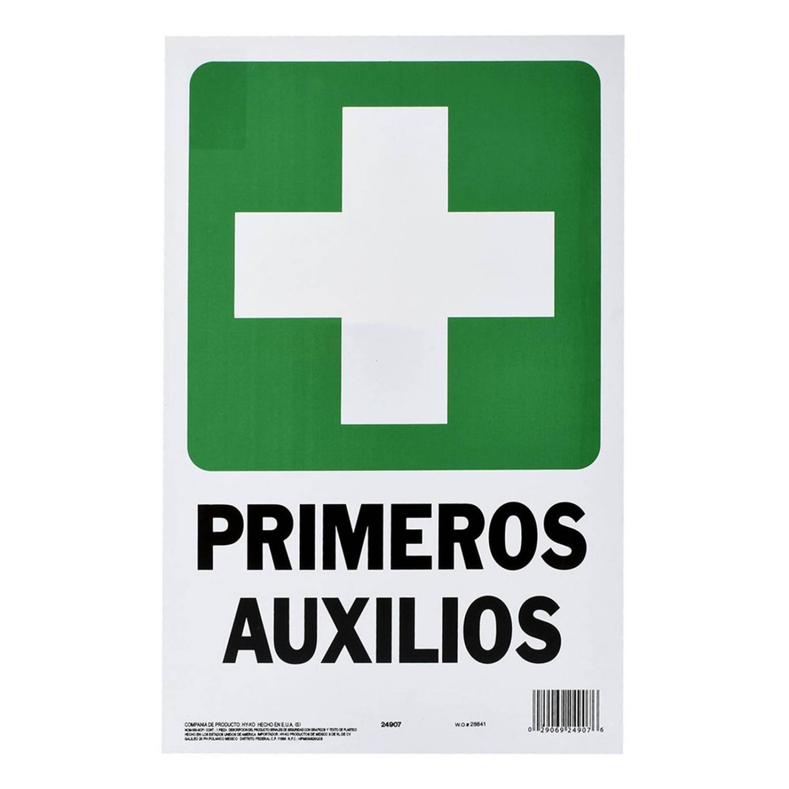 Letrero de plástico para pared primeros auxilios 35.5 x 22.5 cm