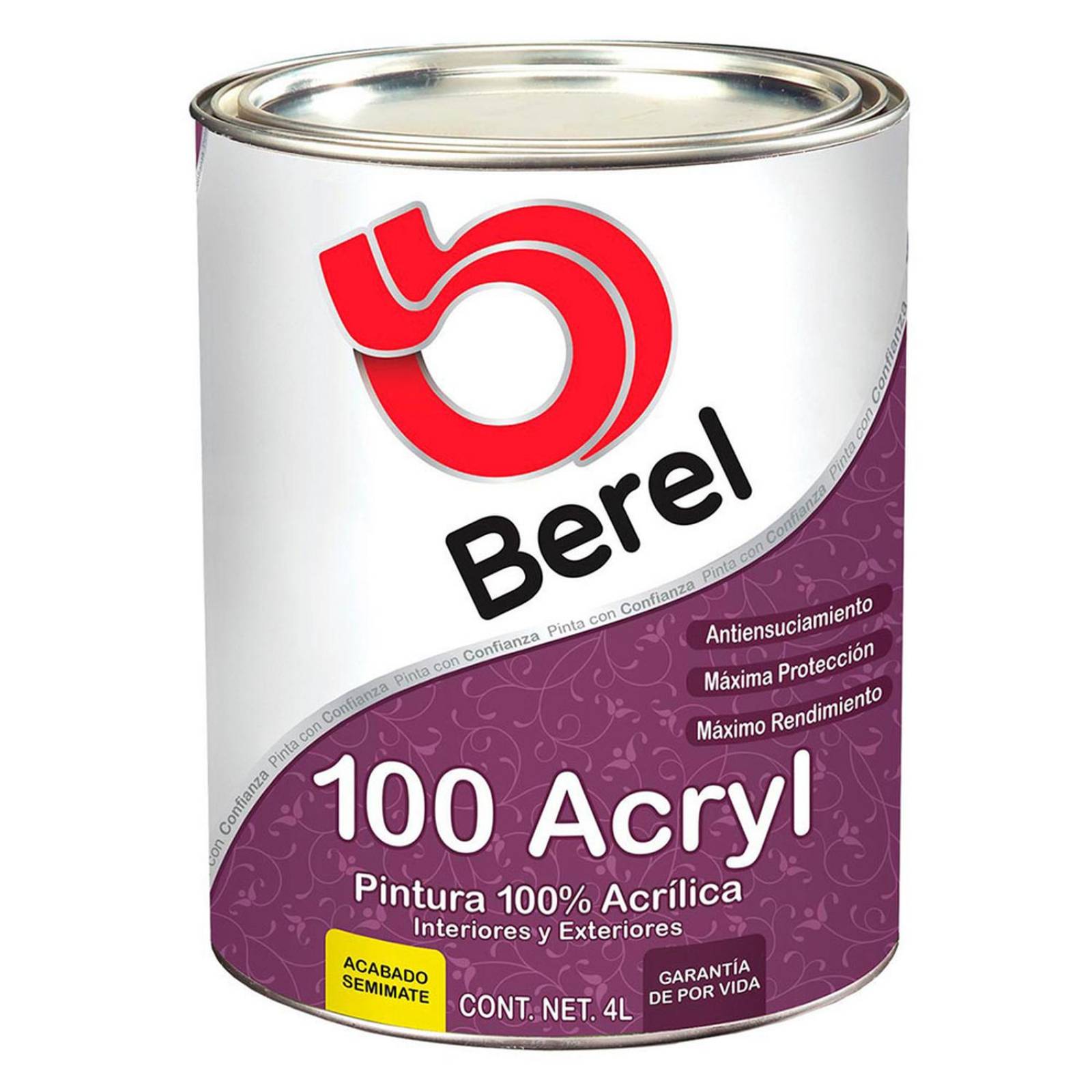 Pintura vinil acrílica para interior y exterior berel 100 acryl de 4 litros semi-mate 