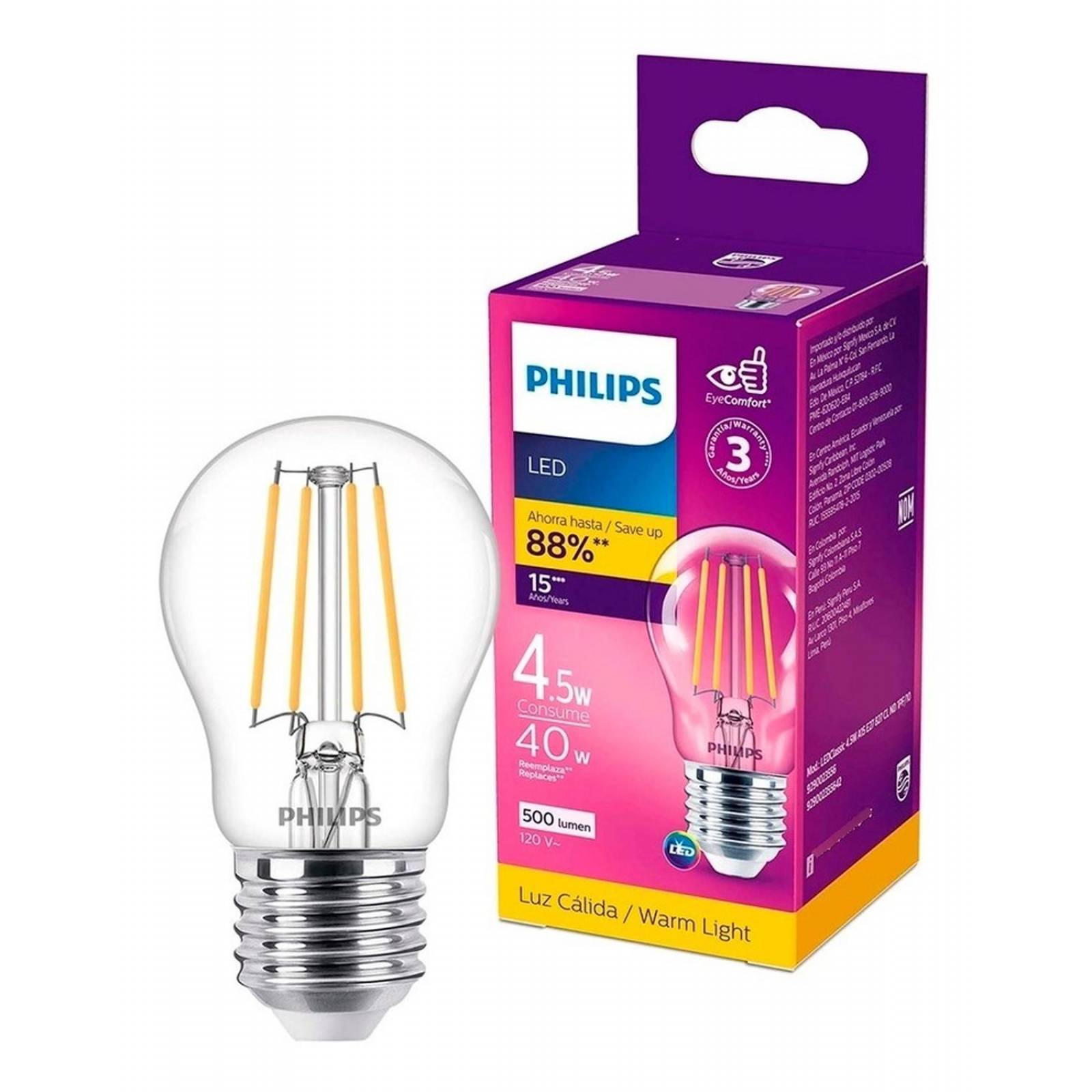 Foco Filamento Led Classic Philips 4.5 W 500 Lm Luz Cálida 