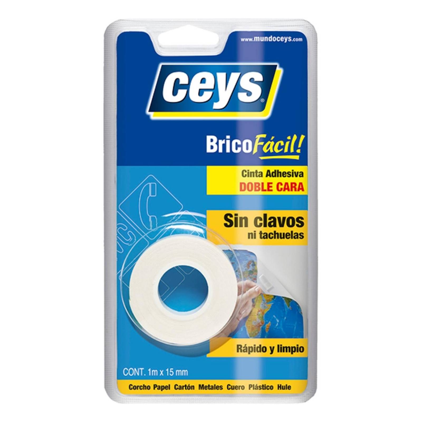 Ceys Cinta Pega facil Doble cara, rapido y limpio, 1m x 15mm :  : Herramientas y Mejoras del Hogar
