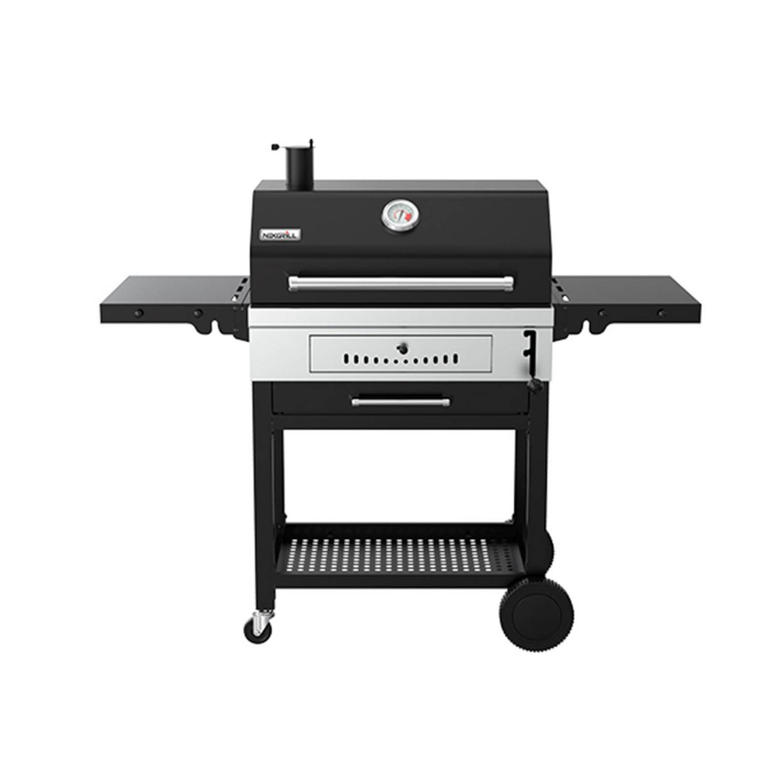 Asador de carbón negro con ruedas y mesas laterales plegables 