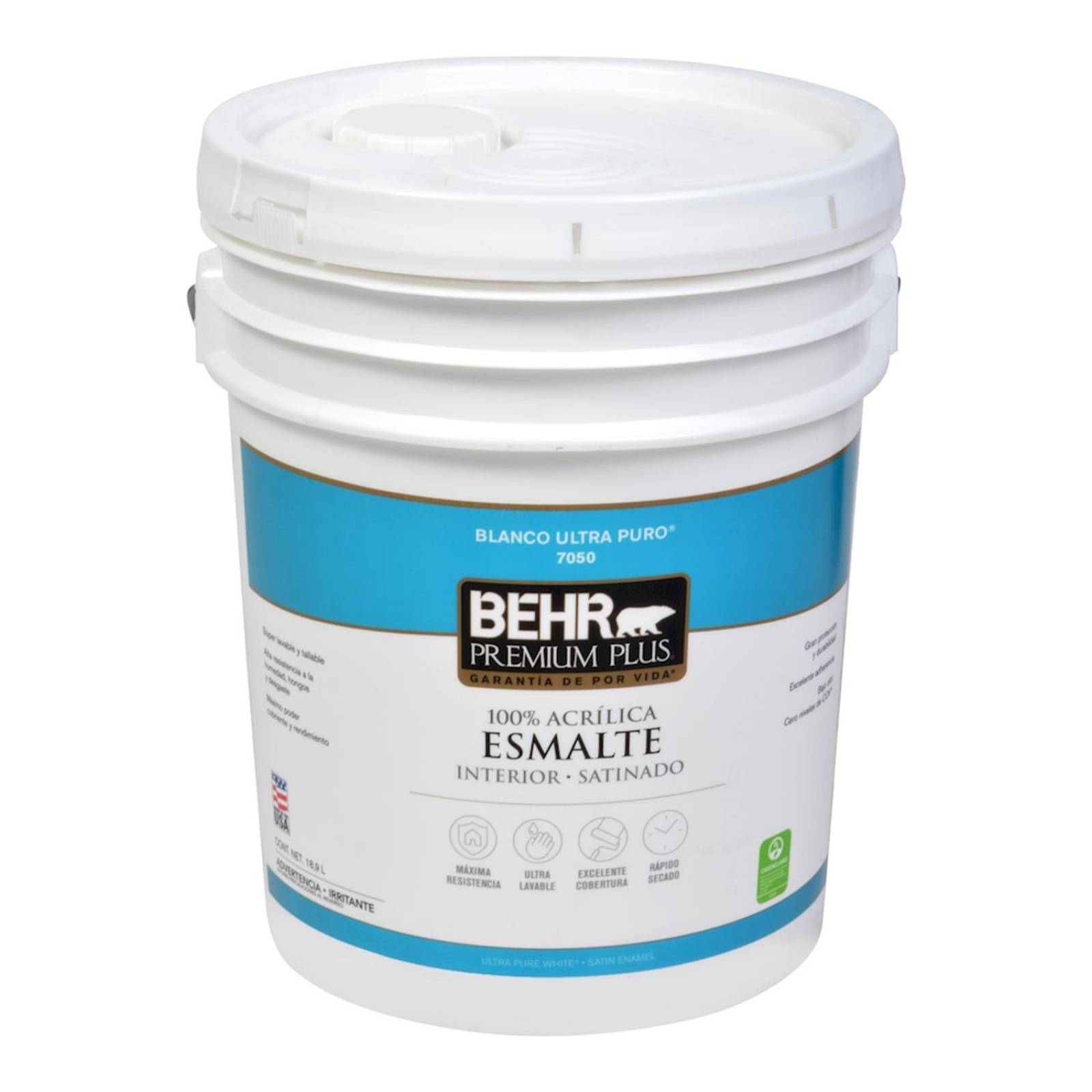Esmalte behr premium plus satinado base blanco ultra puro 18.9 l 