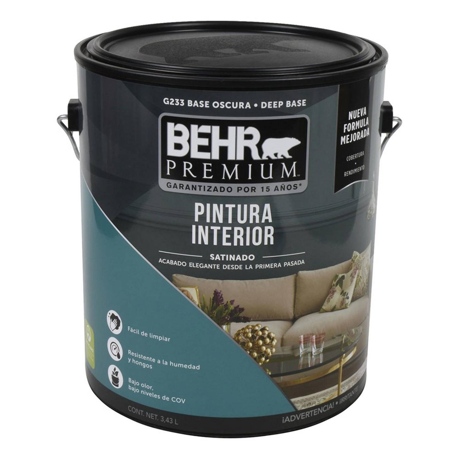 Pintura acrílica base oscura interior behr premium 3.43 l satinado 