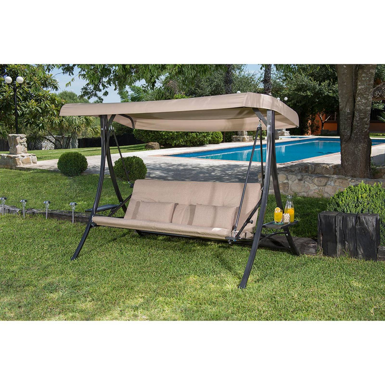 Columpio estilo futón para 3 personas tela olefina estructura acero con toldo 