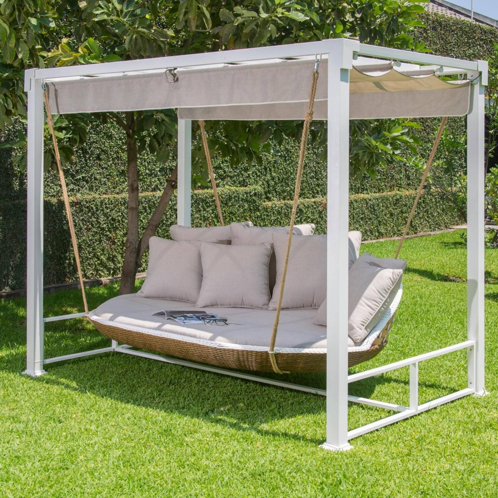 Columpio colgante para 3 personas tela olefina estructura acero con toldo