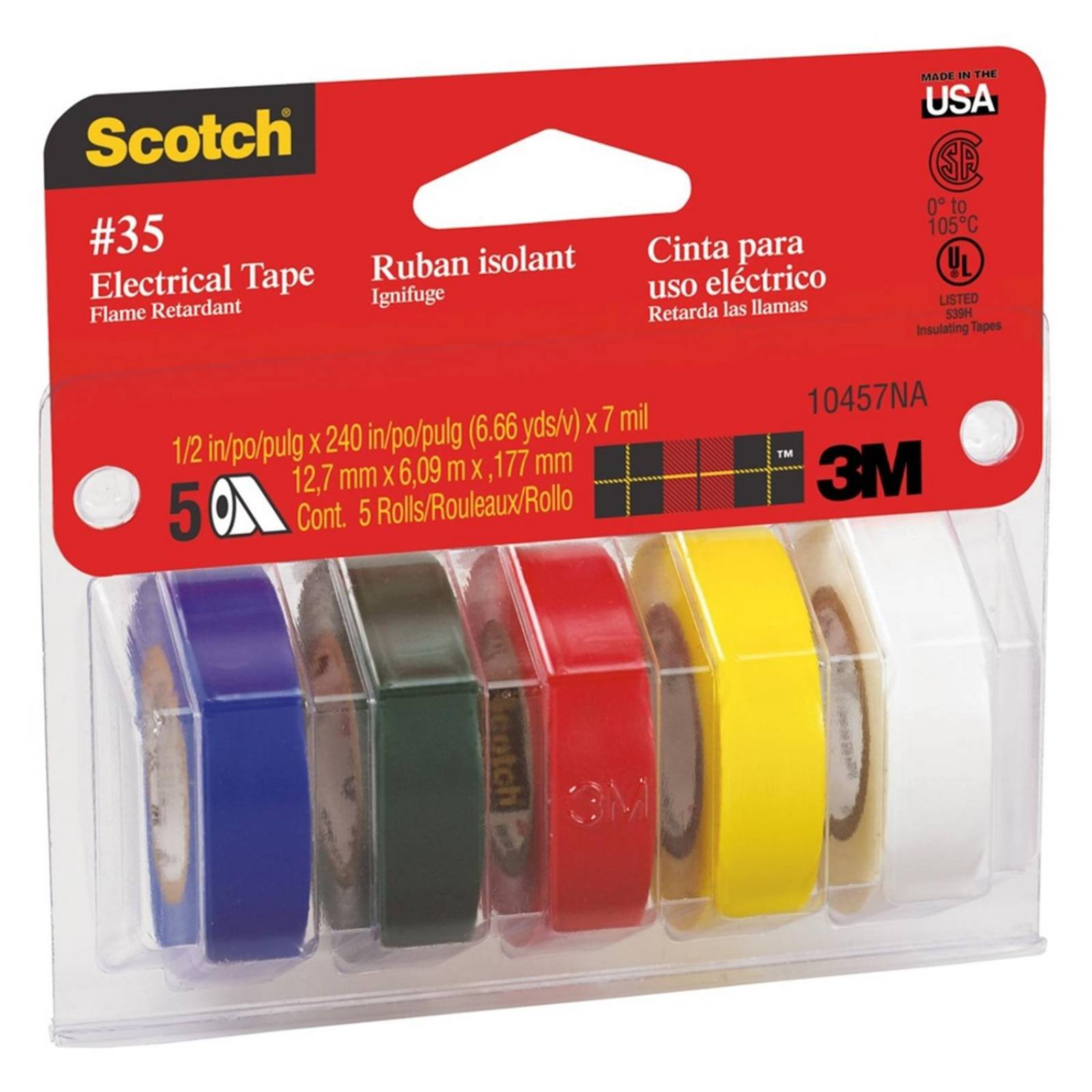 Cinta para uso eléctrico varios colores 1.27 cm x 6.09 m x 0.17 mm scotch 5 piezas 