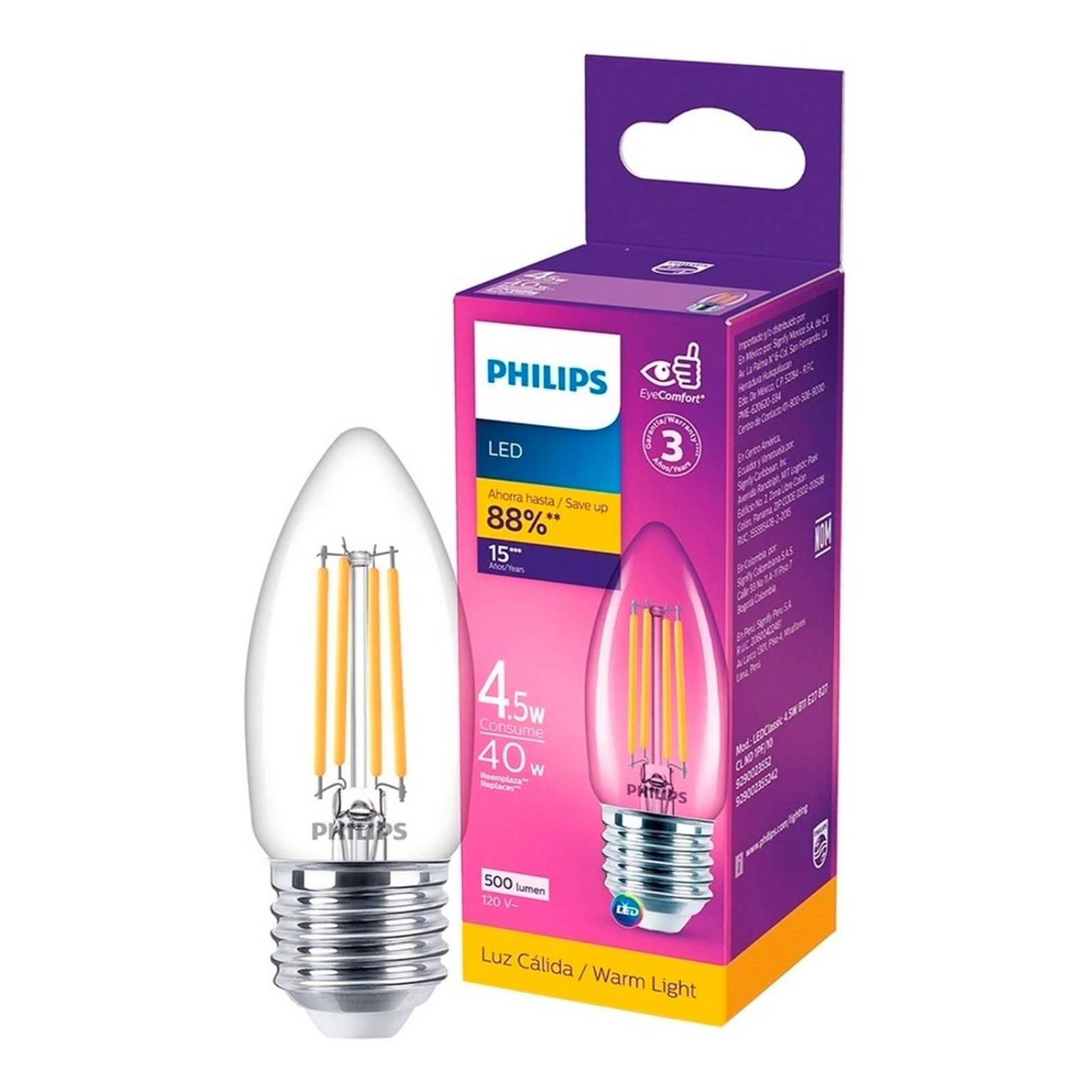 Foco Filamento Led Philips 4.5 W 500 Lm Luz Blanca Cálida 
