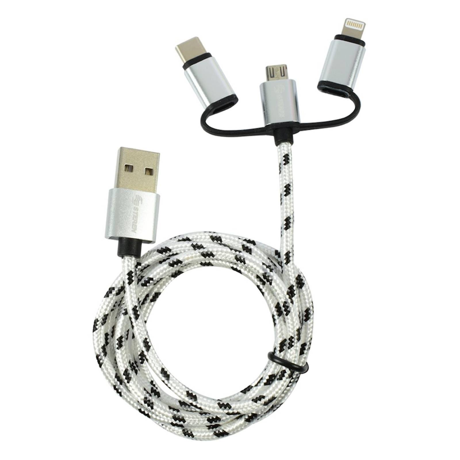 Cable usb 3 en 1 lightingh tipo c negro