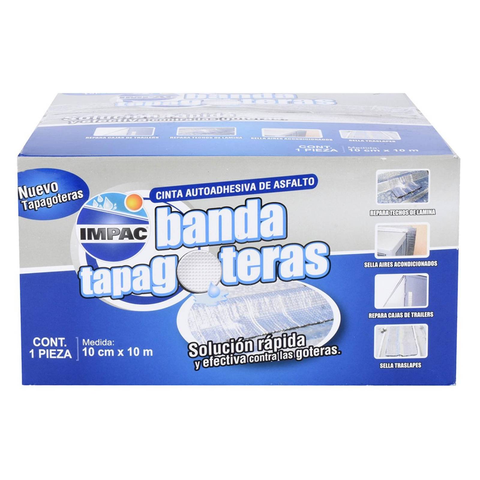 Banda tapagoteras impac de asfalto plata rollo 10 cm x 10 m 