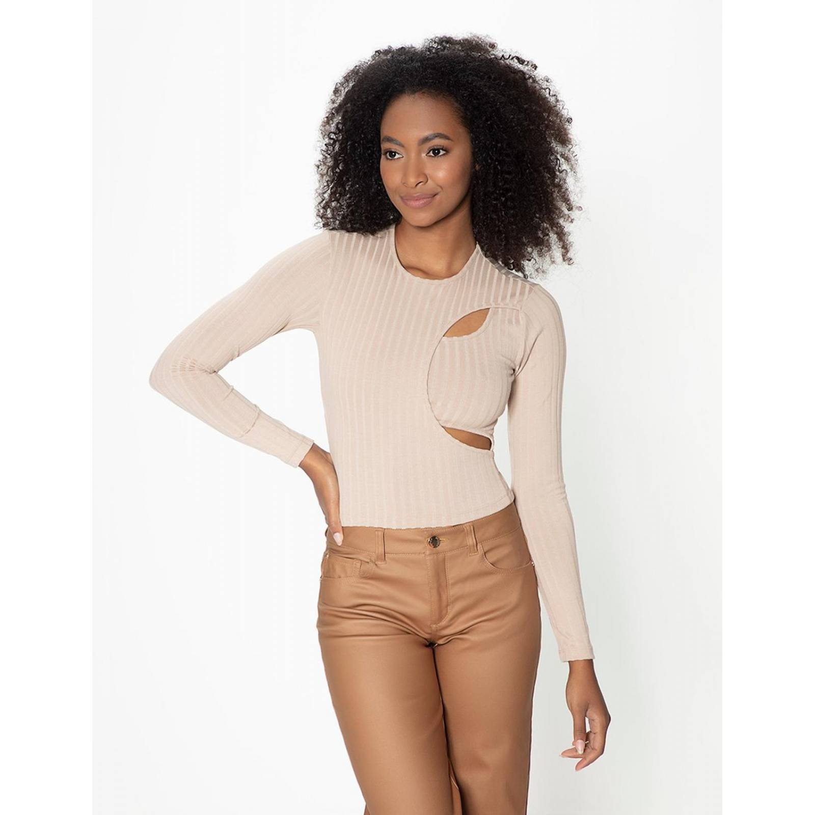 Blusa casual Studio F manga larga para mujer Beige XCH 