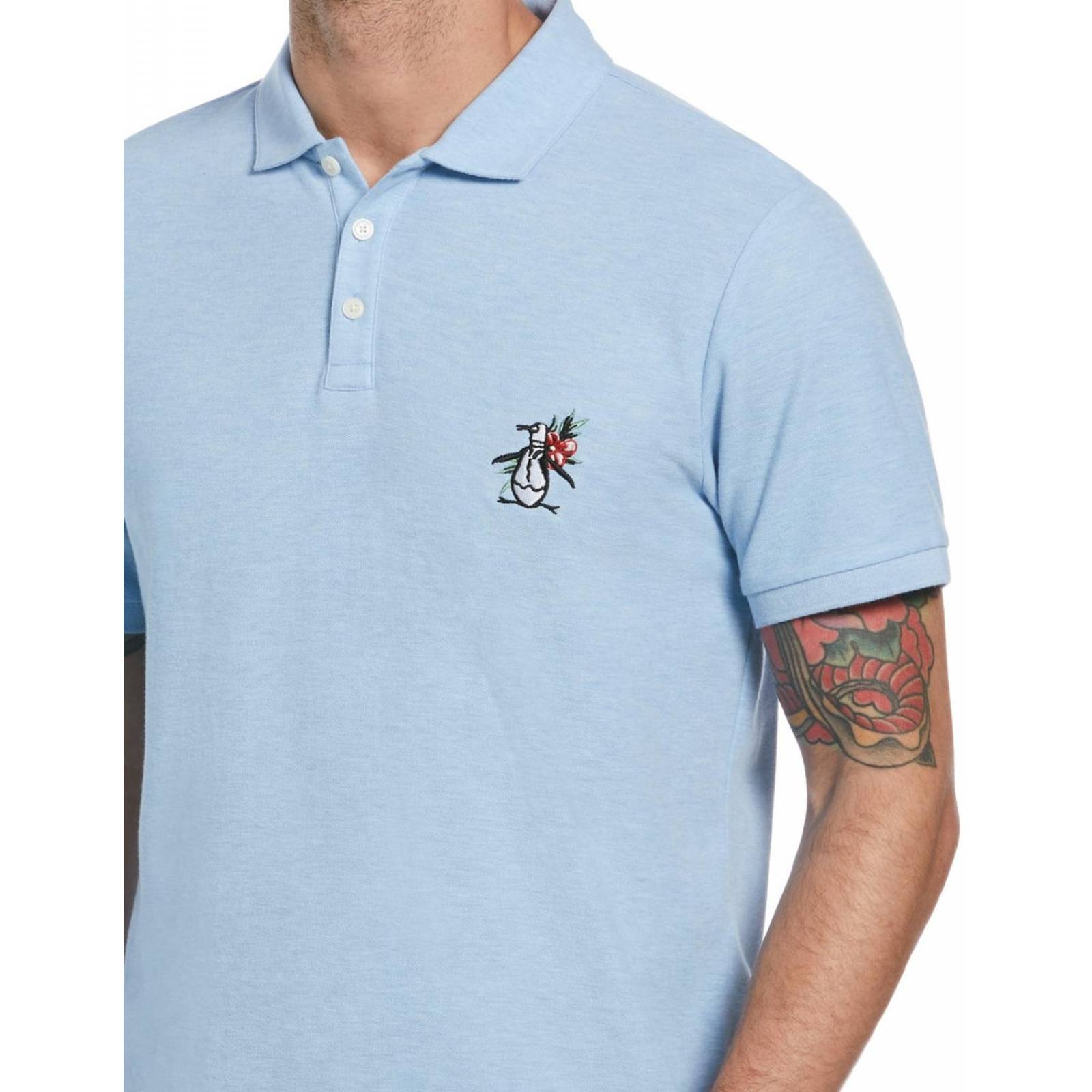 Playera tipo polo Original Penguin estampado jaspeado para hombre Azul claro M 