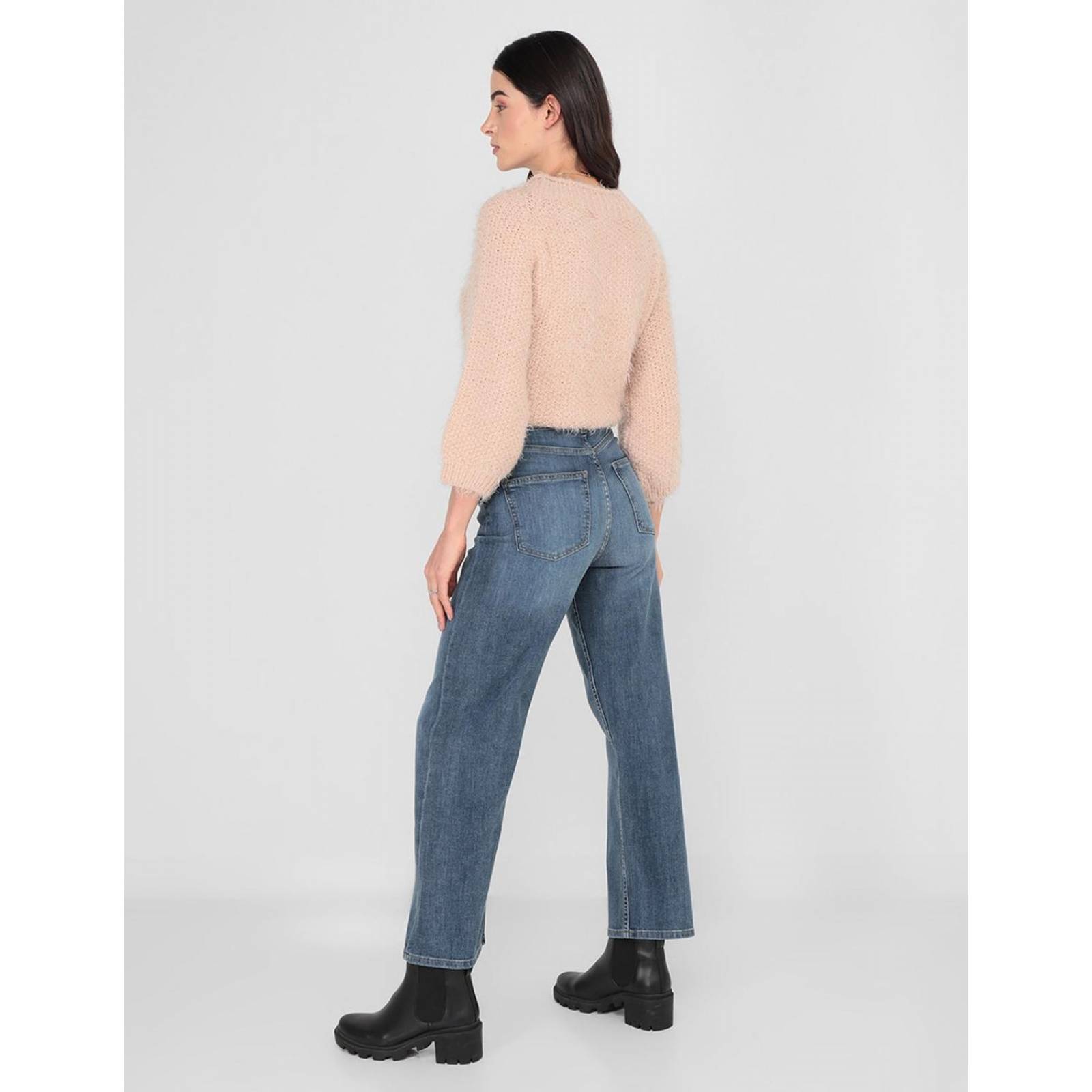 Jeans straight deslavado corte cintura para mujer Azul 30 