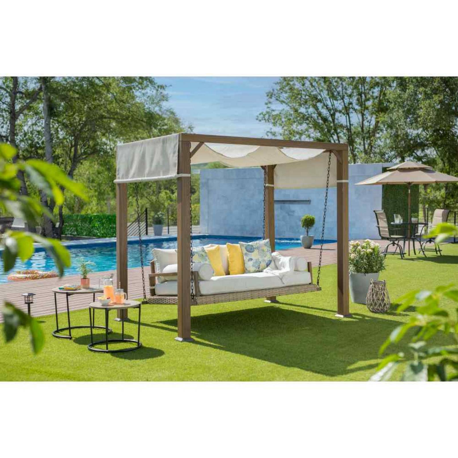 Columpio con cushion guard con pergola café 2.10 x 2.31 x 1.48 m de acero 