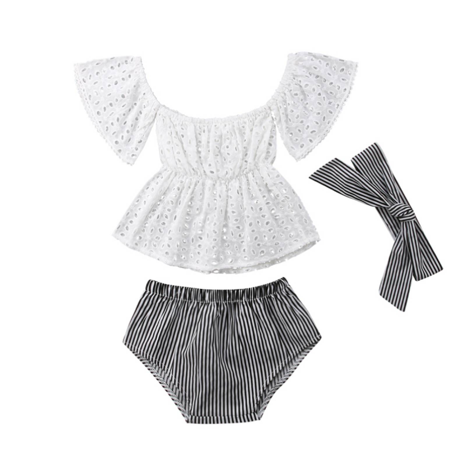 Conjunto 3 Piezas Verano Blanco Y Negro Niña Bebe V-056 