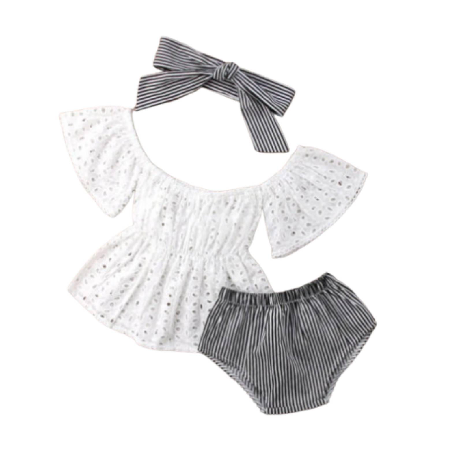 Conjunto 3 Piezas Verano Blanco Y Negro Niña Bebe V-056 