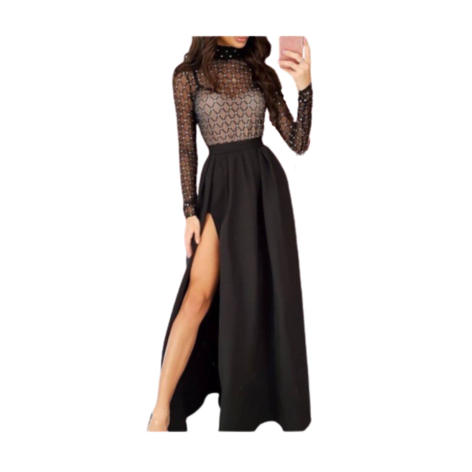 Vestido Largo Con Transparencia Manga Larga M-521 