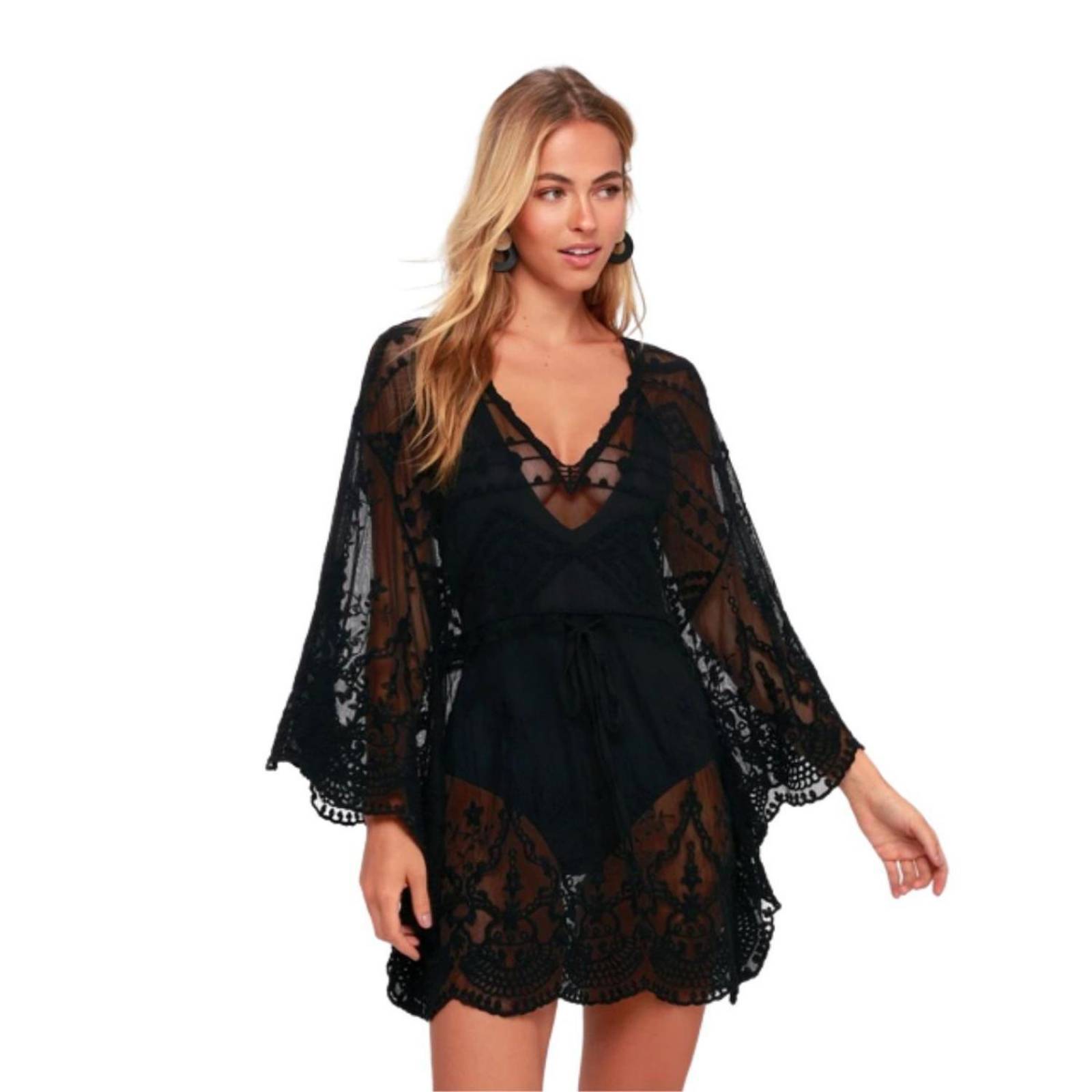 Vestido De Playa Transparente Encaje Floral Verano M-027 