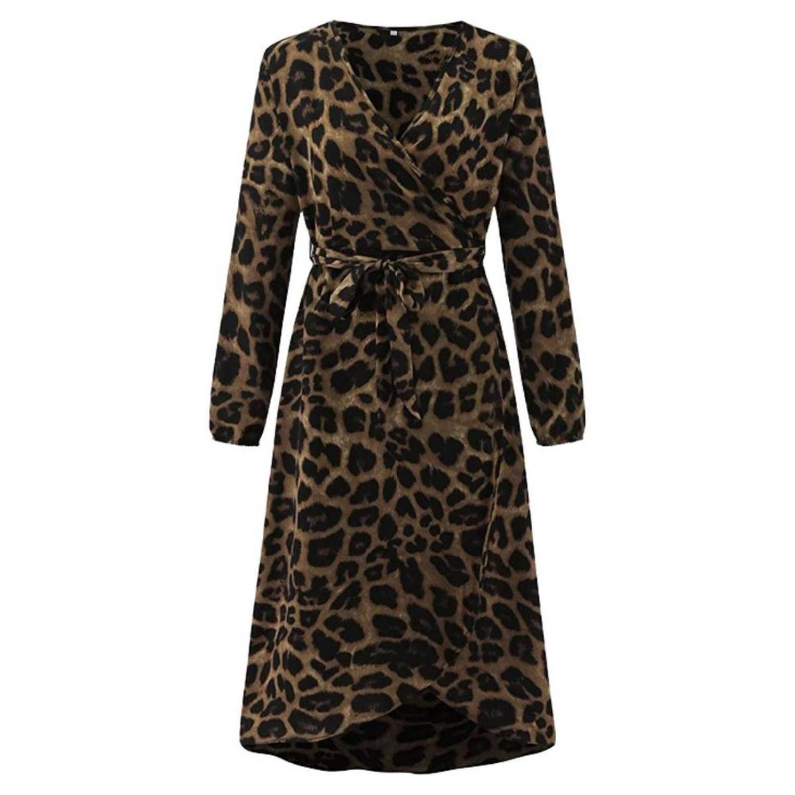 Elegante Vestido Cruzado Manga Estampado Leopardo Mpb-514 