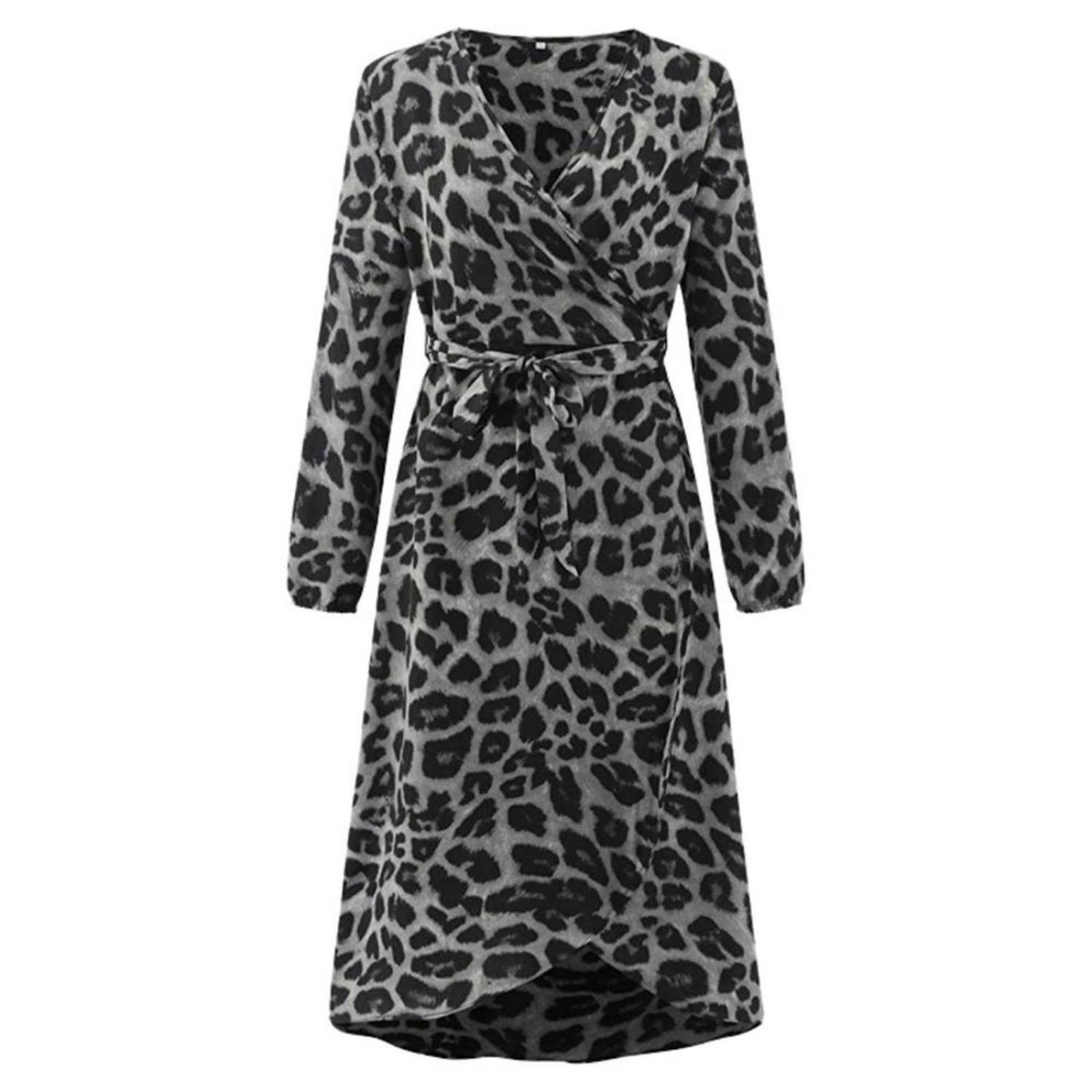 Elegante Vestido Cruzado Manga Estampado Leopardo Mpb-514 