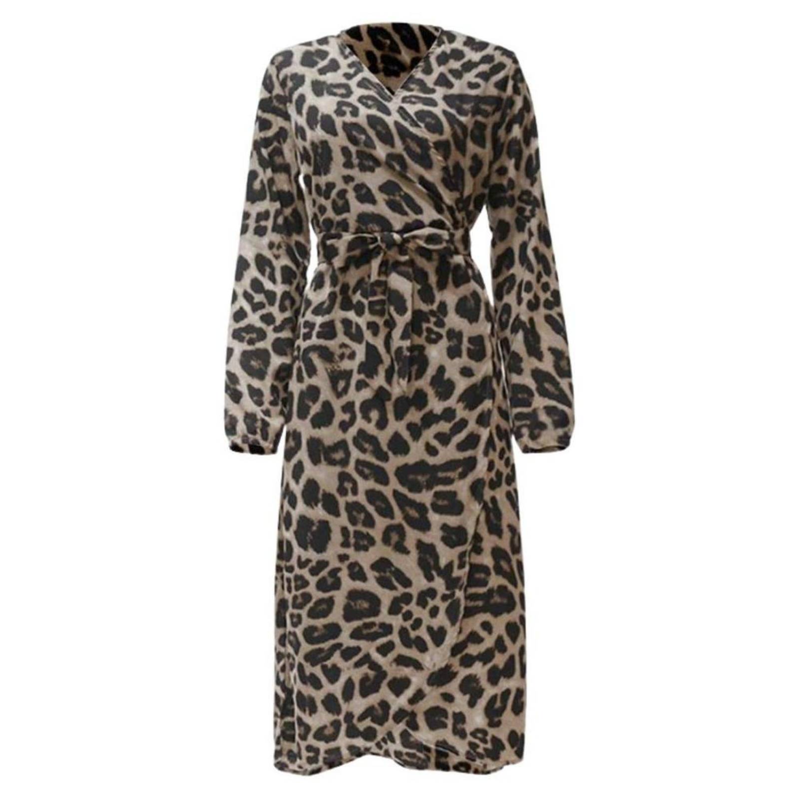 Elegante Vestido Cruzado Manga Estampado Leopardo Mpb-514 