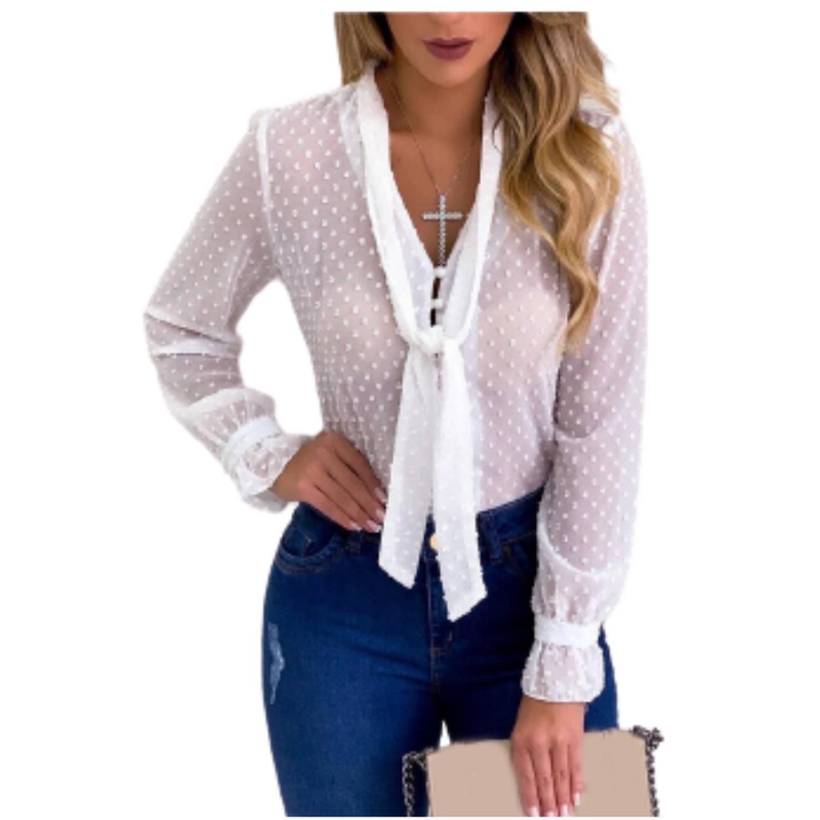 Blusa Elegante Chifón Manga Larga Diseño Lunares Dama M-020