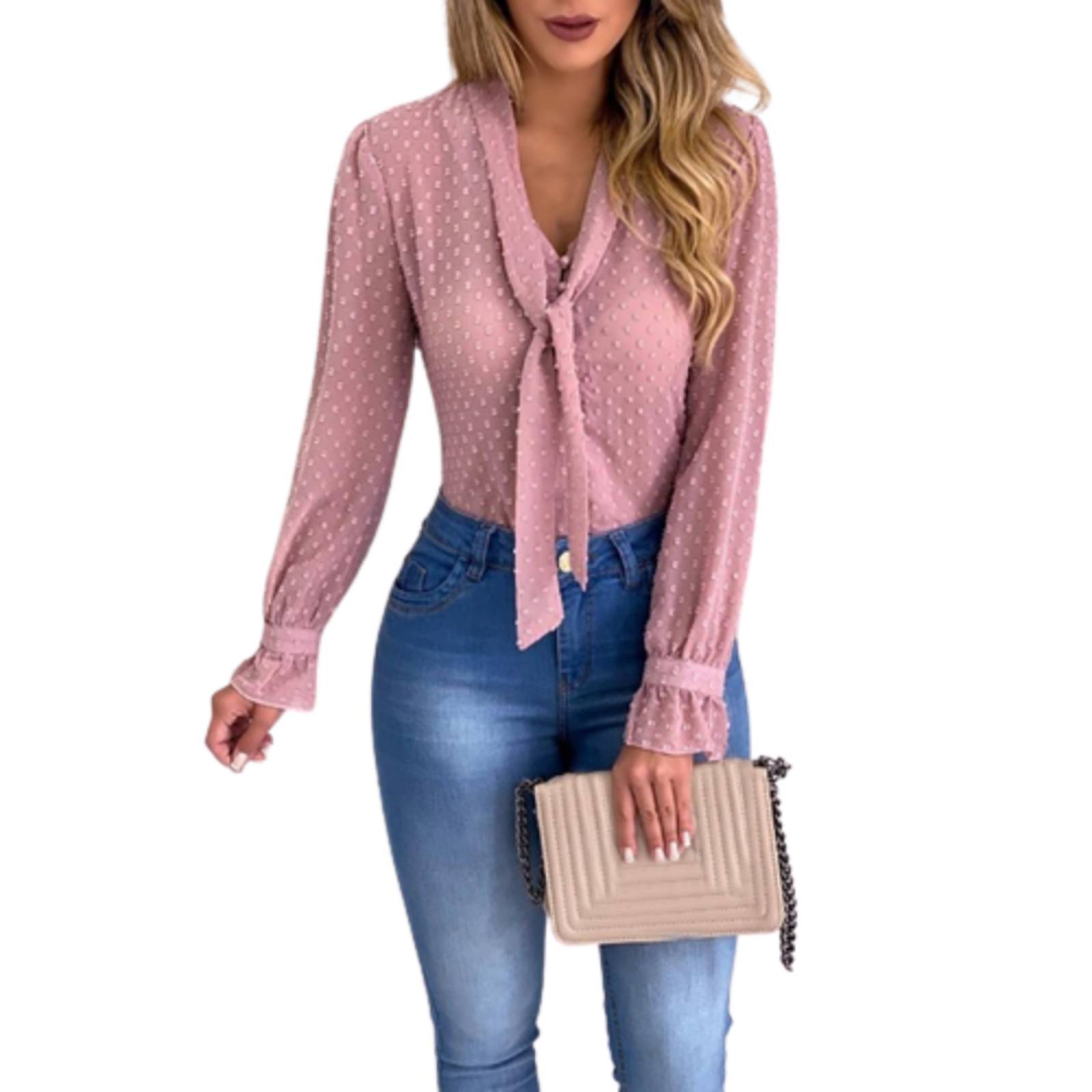 Blusa Elegante Chifón Manga Larga Diseño Lunares Dama M-020