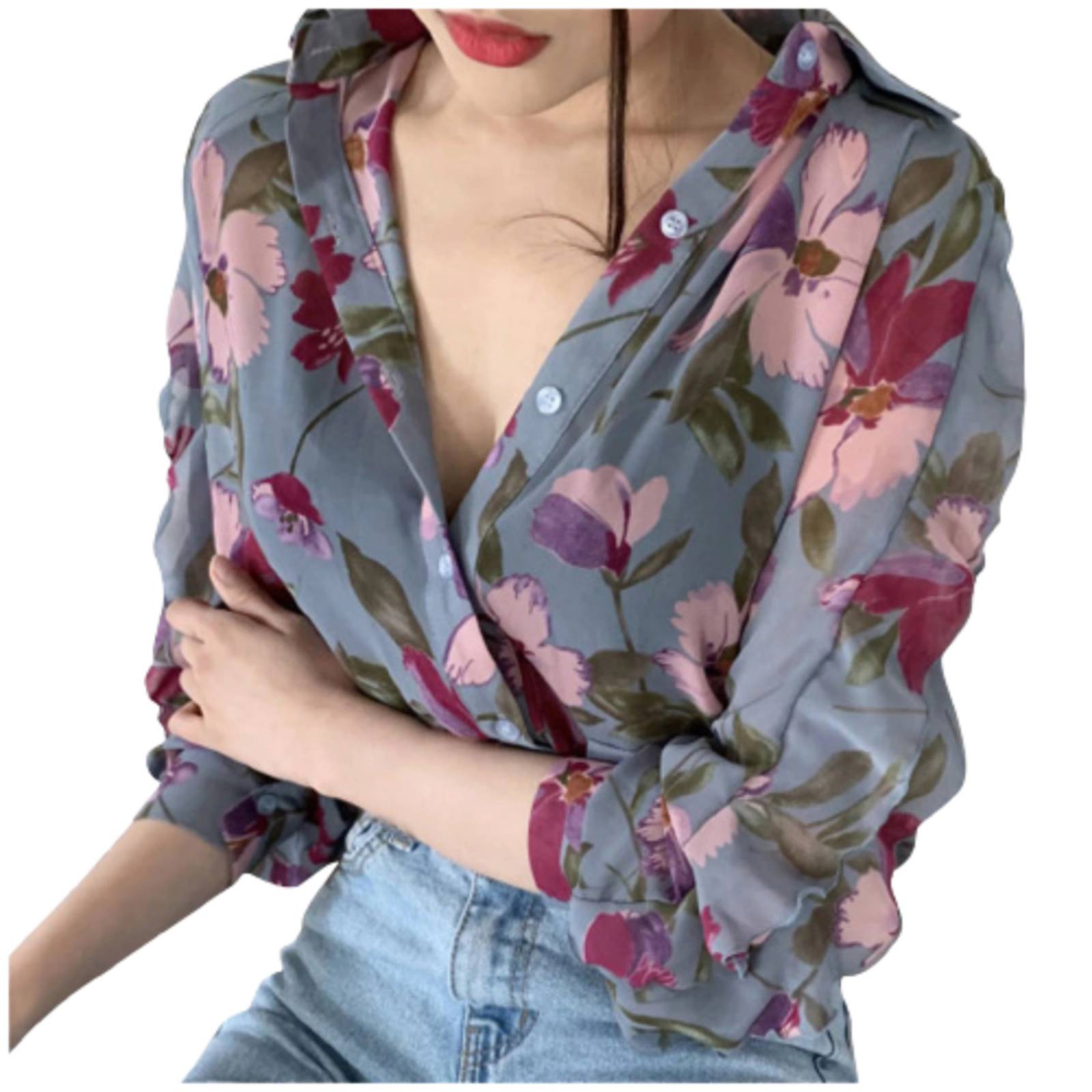 Blusa Con Estampado De Flores Manga Larga Para Mujer M-041