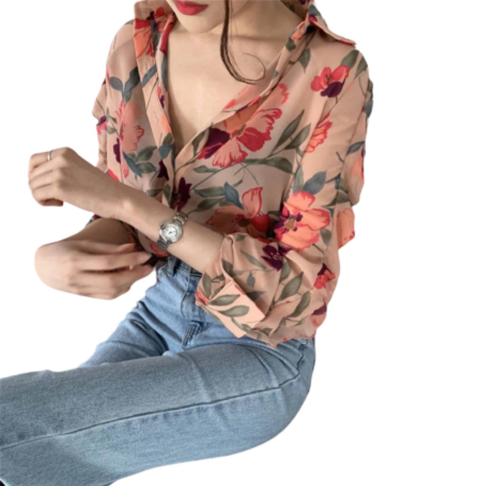 Blusa Con Estampado De Flores Manga Larga Para Mujer M-041