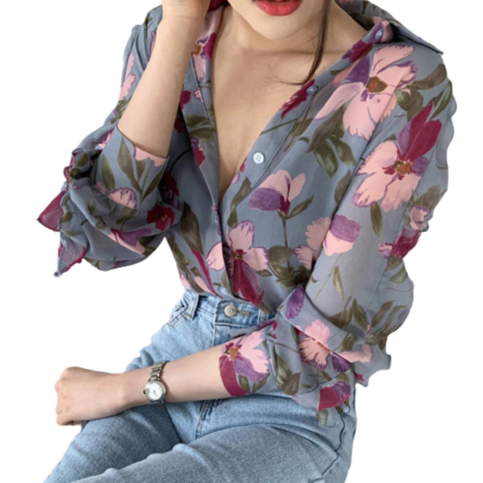 Blusa Con Estampado De Flores Manga Larga Para Mujer M-041