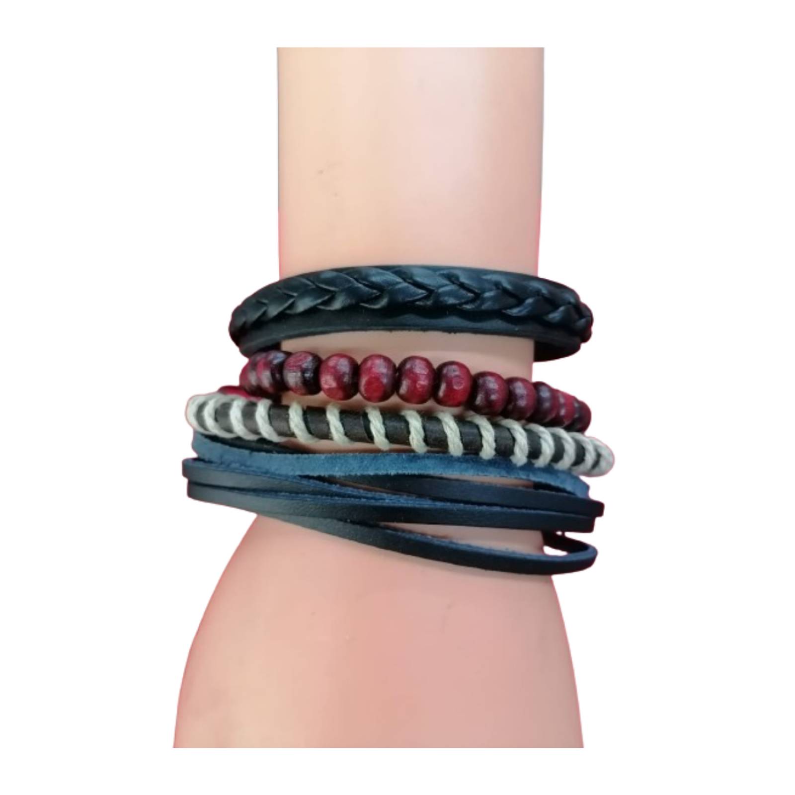 Pulsera de Cuero Cuentas Rojas Hilos A24-00013 Multicolor MEDIANO
