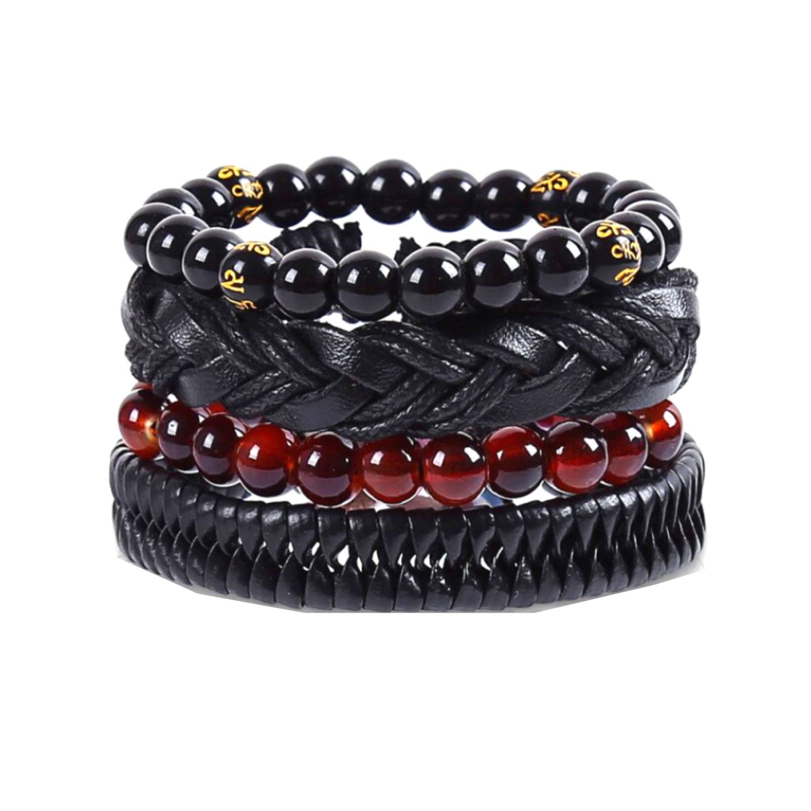 Pulsera de Cuero Cuentas Negras y Rojas A24-00025 Multicolor MEDIANO