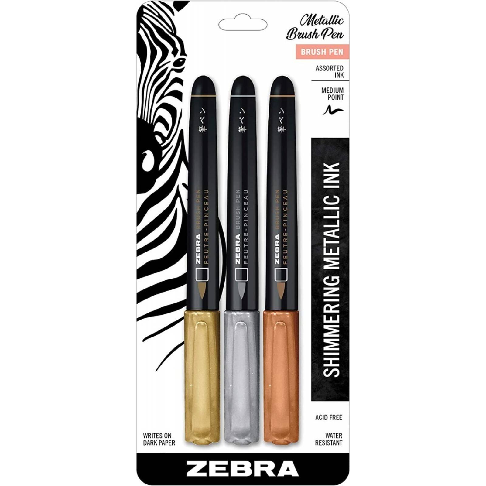 Pluma Pincel Zebra Metallic Brush Pen 3 Piezas