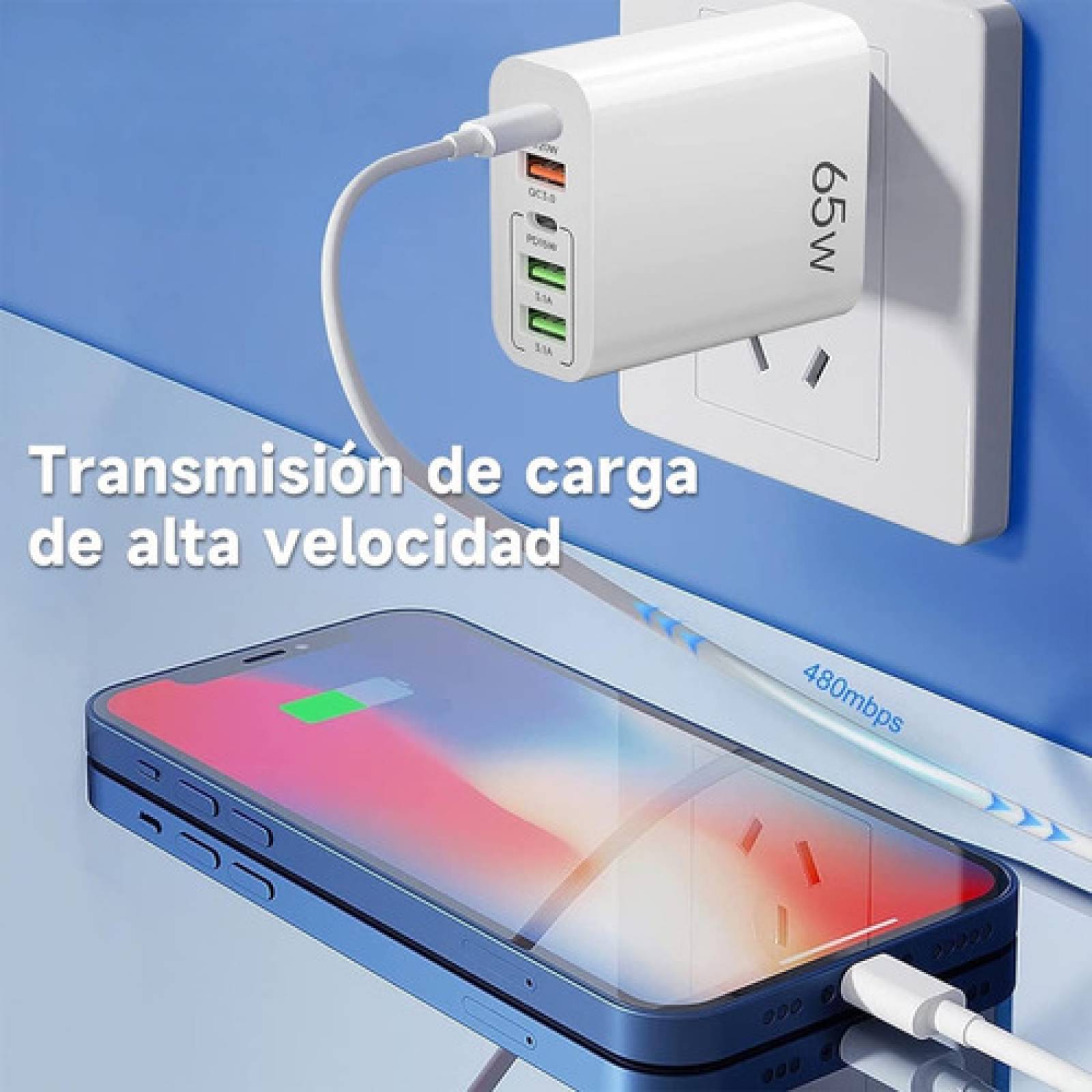 Cargador Usb Tipo C Adaptador 65w 5 En 1 Carga Rápida Pd 20w
