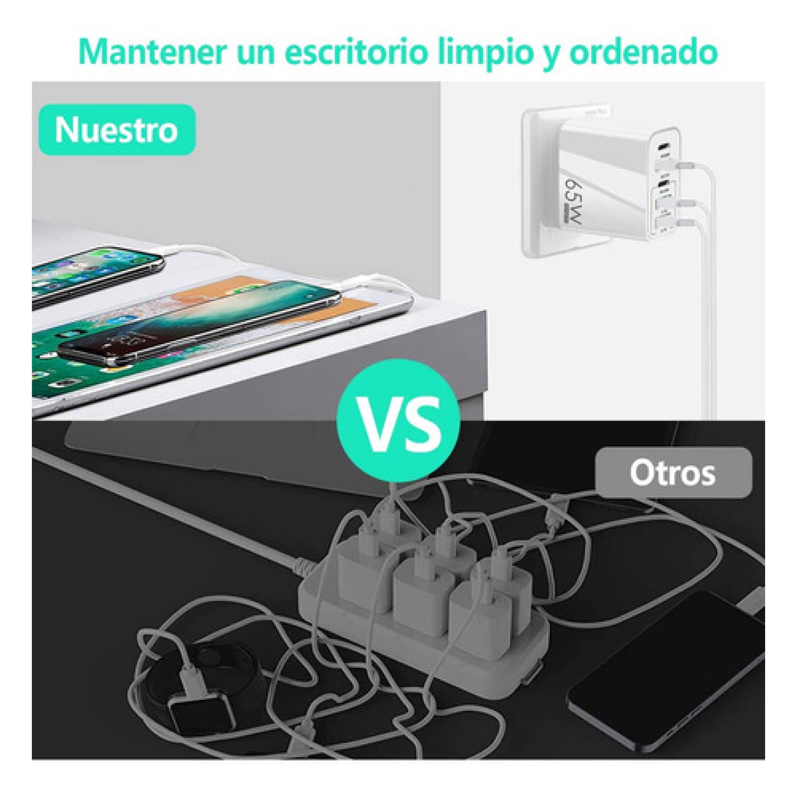 Cargador Usb Tipo C Adaptador 65w 5 En 1 Carga Rápida Pd 20w