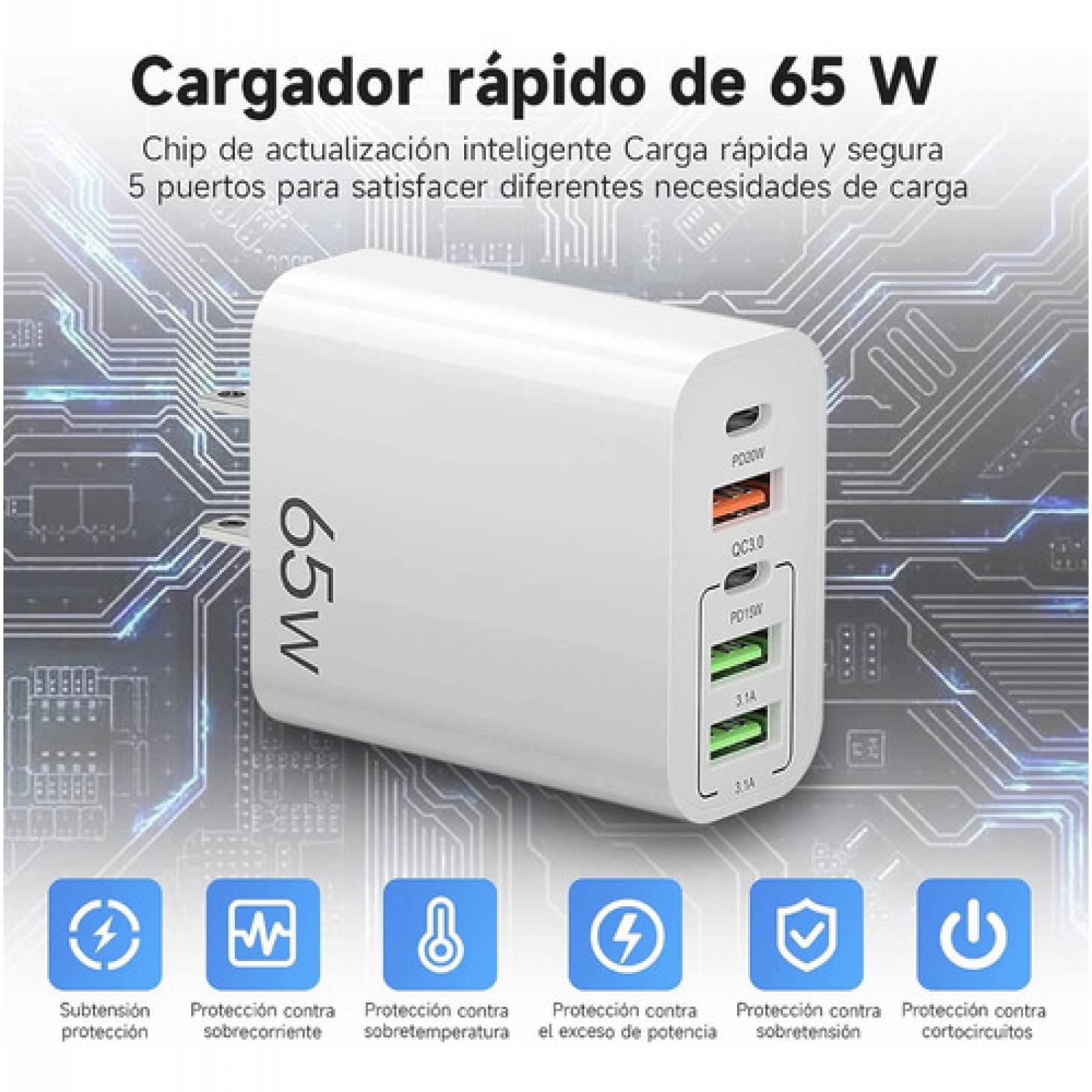 Cargador Usb Tipo C Adaptador 65w 5 En 1 Carga Rápida Pd 20w