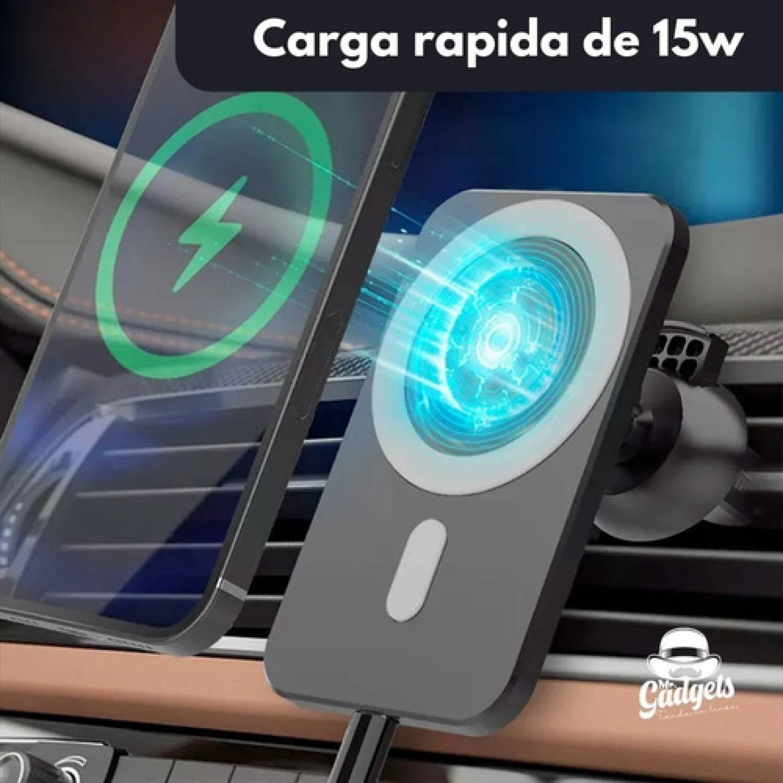 MR. GADGETS Soporte Cargador para Auto, Cargador Inalambrico Qi, Base Porta Celular para iPhone, Magnético, Carga Rápida 15W, Rotación Ajustable 360 Grados (Blanco)