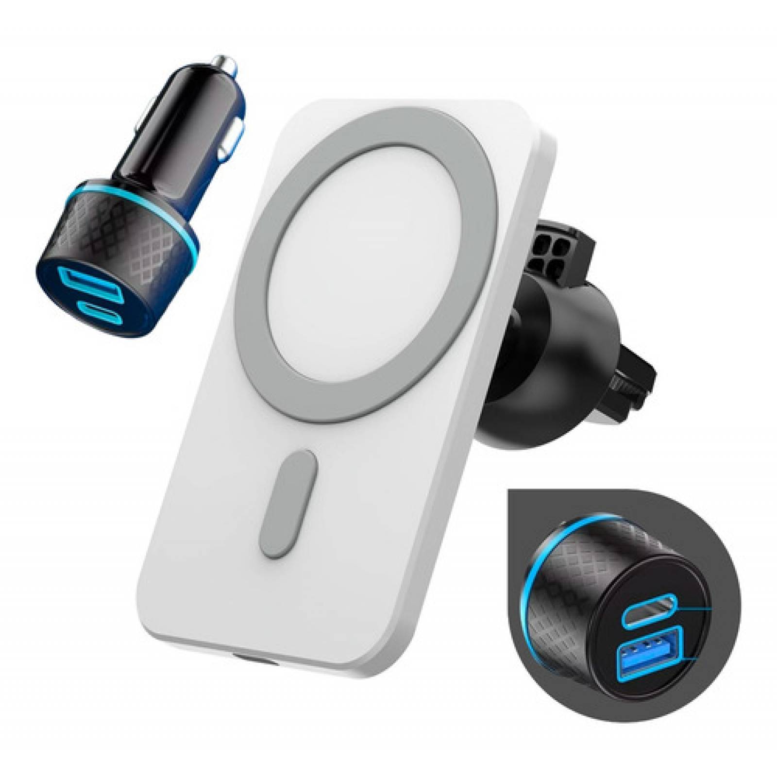 MR. GADGETS Soporte Cargador para Auto, Cargador Inalambrico Qi, Base Porta Celular para iPhone, Magnético, Carga Rápida 15W, Rotación Ajustable 360 Grados (Blanco)