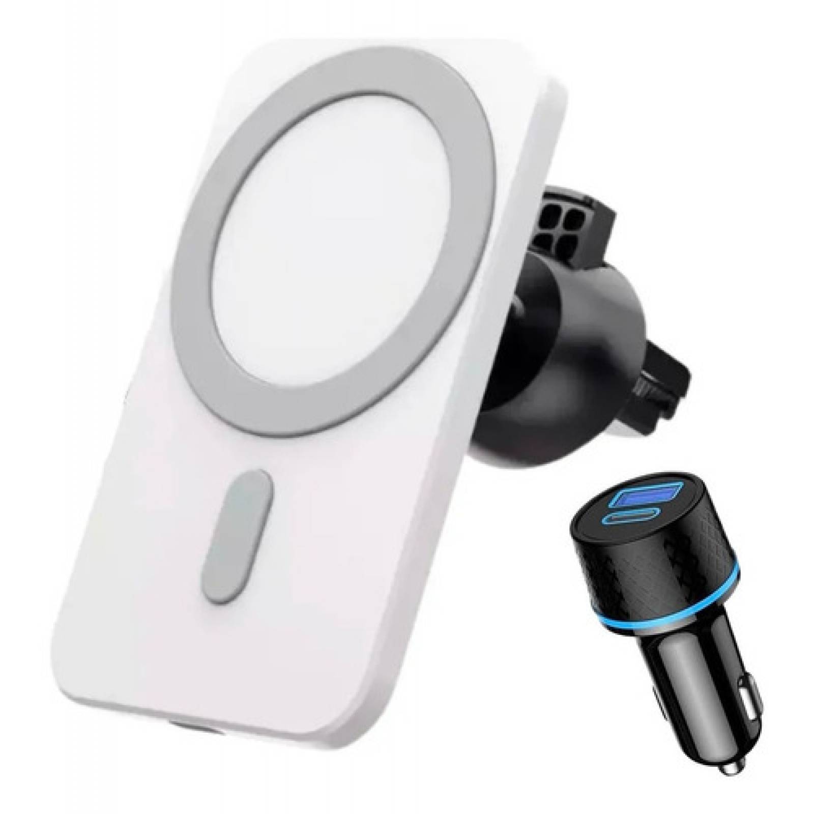 MR. GADGETS Soporte Cargador para Auto, Cargador Inalambrico Qi, Base Porta Celular para iPhone, Magnético, Carga Rápida 15W, Rotación Ajustable 360 Grados (Blanco)