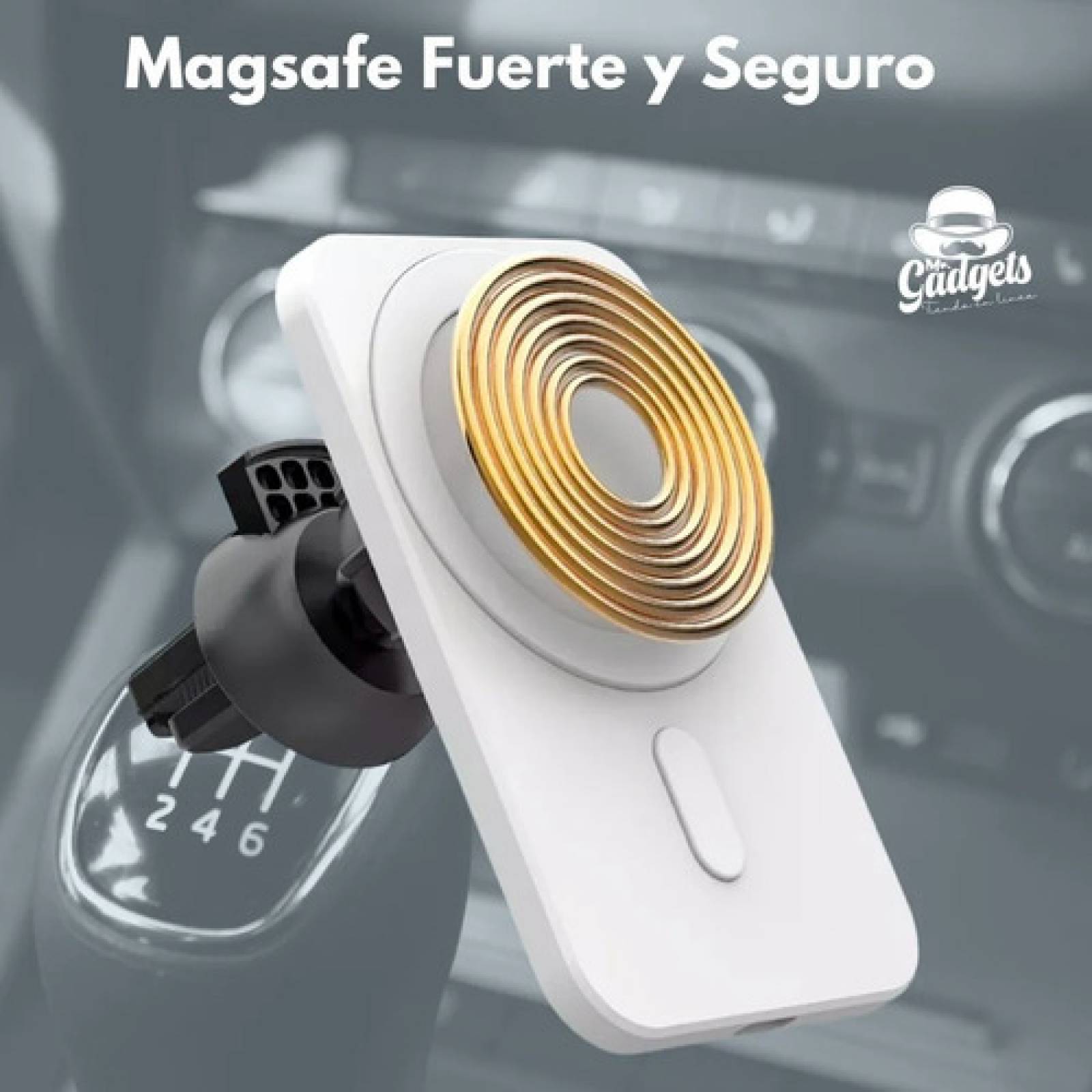 MR. GADGETS Soporte Cargador para Auto, Cargador Inalambrico Qi, Base Porta Celular para iPhone, Magnético, Carga Rápida 15W, Rotación Ajustable 360 Grados (Blanco)