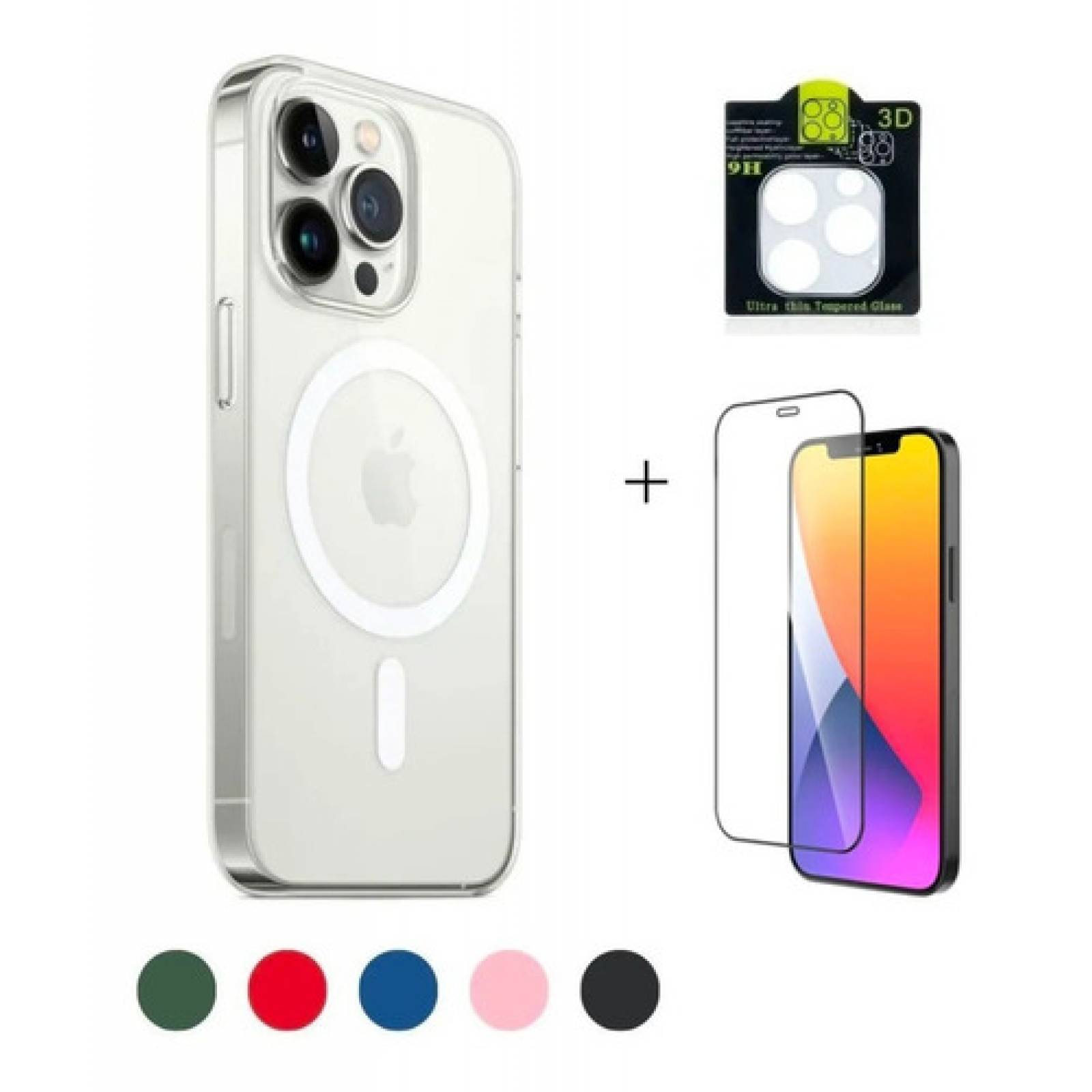 Kit Funda Color + Mica Pantalla Y Cámara Compatible Para iPhone Magsafe