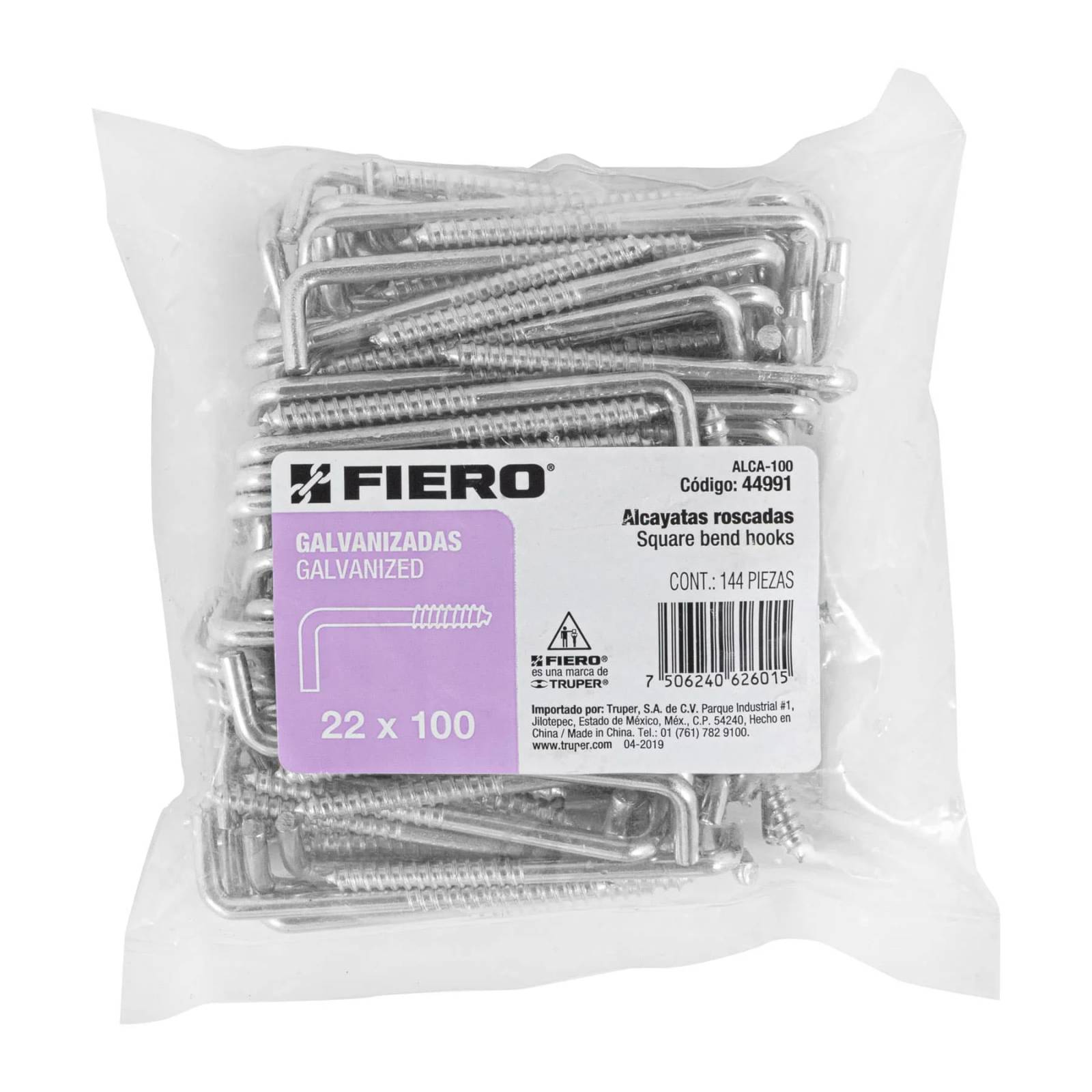 Alcayata roscada, 22 X 100 mm, caja 144 piezas