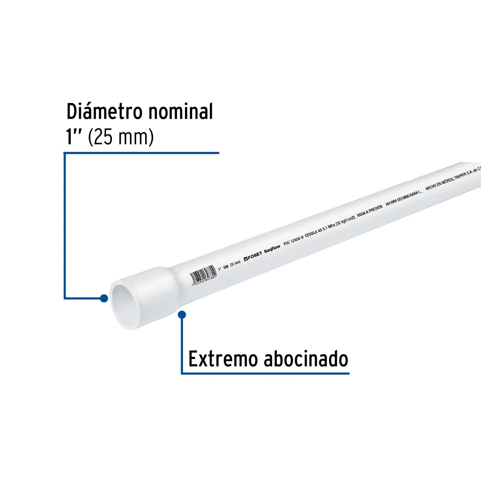 Tubo de PVC hidráulico cédula 40, 1", tramo 3m