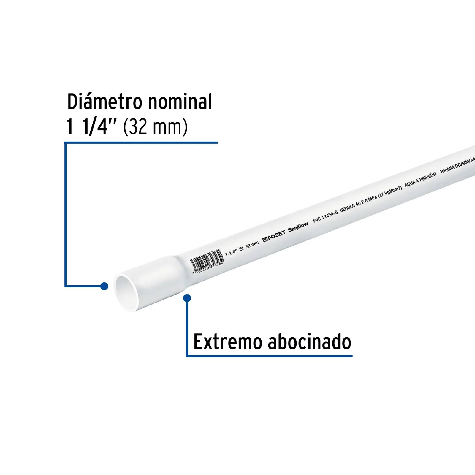 Tubo de PVC hidráulico cédula 40, 1-1/4", tramo 3m
