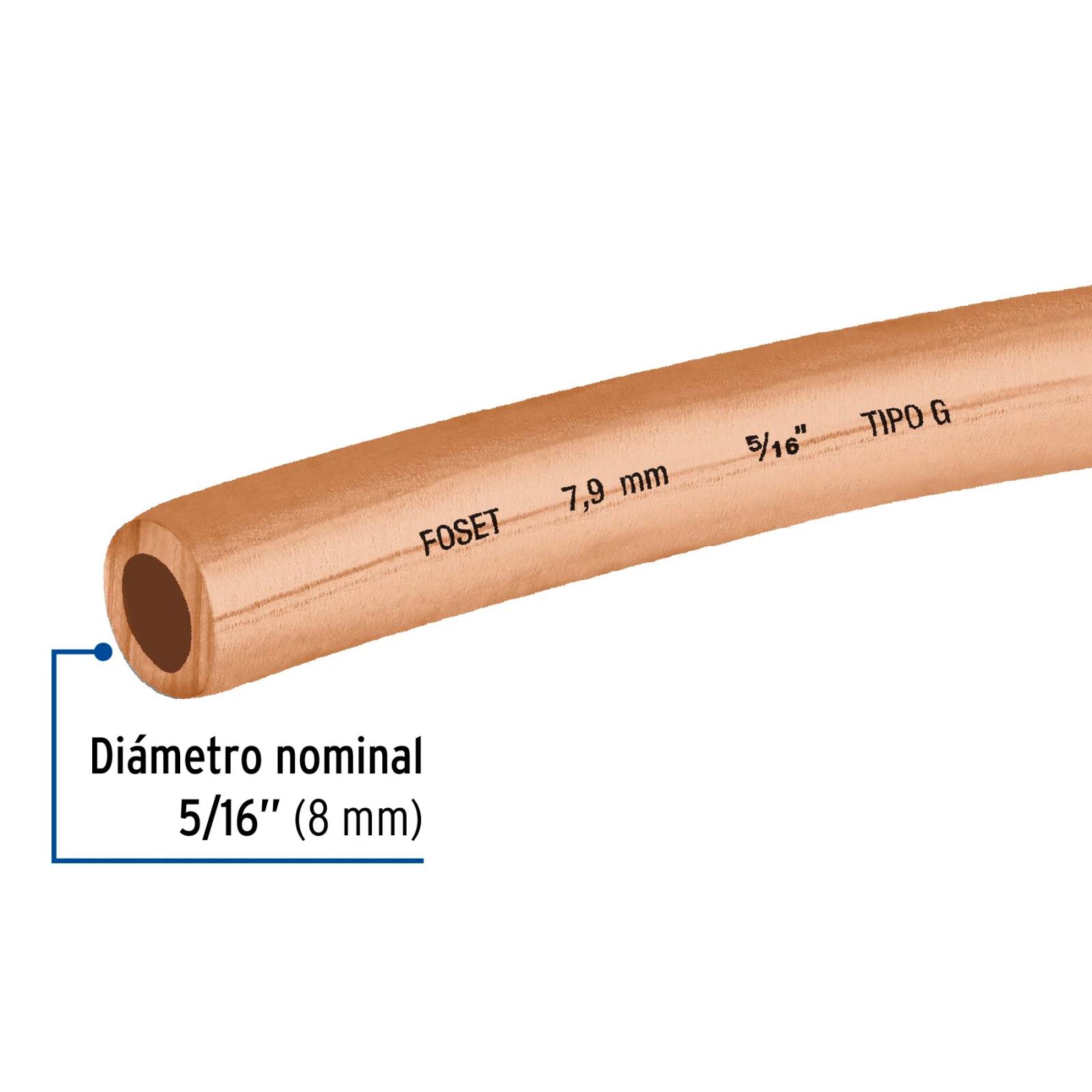 Tubo de cobre flexible, 5/16", rollo de  15 metros